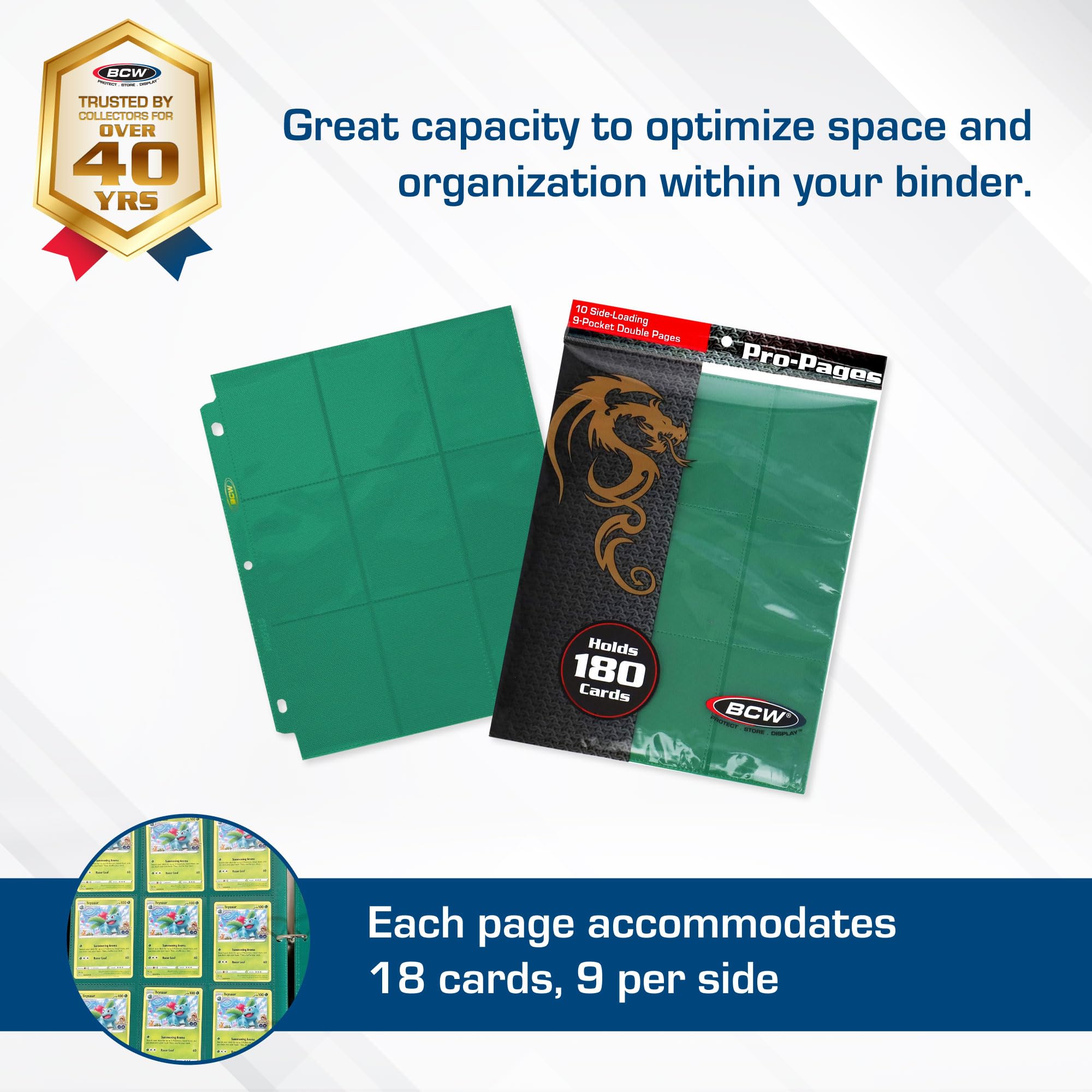 BCW Double-Sided 9-Pocket Pages Holder - 50 Green Pages | Trading Card Binder Sheets | Secure Side Loading | Ideal Card Storage and Display Solution