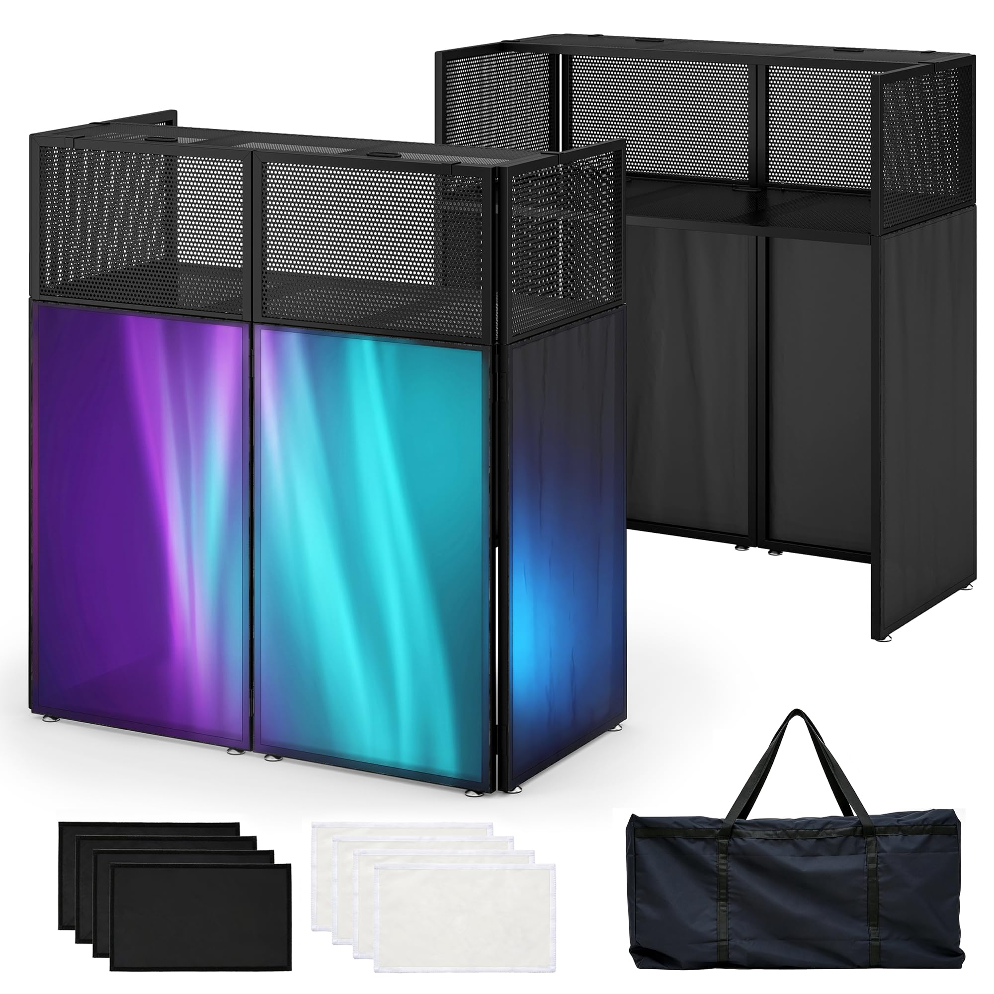 Tragbare DJ-Kabine, faltbar, 108 x 51 x 115 cm, zweilagiges DJ-Schreibtischsystem, Schwarz-Weiß-Scrims, Kabelmanagement-Loch, DJ-Ständer mit verstellbaren Füßen, Tragetasche, DJ-Decks für Hochzeiten