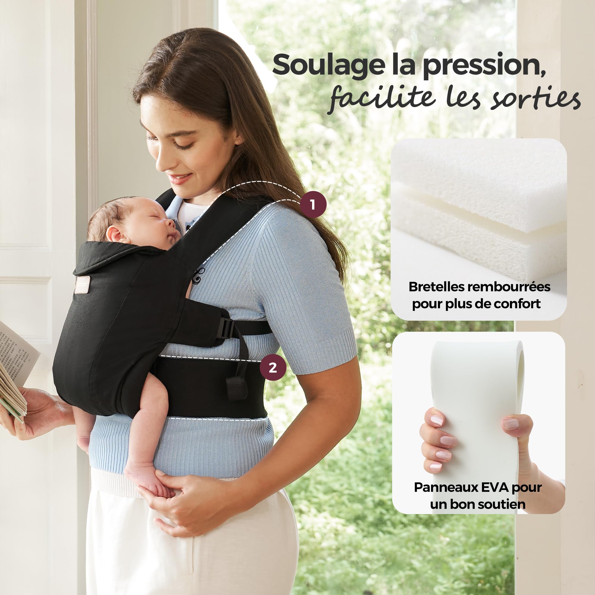 Momcozy Porte-bébé nouveau-né dès la naissance | Aide ergonomique avec appui-nuque | Léger et sûr (3 à 11 kg), Noir