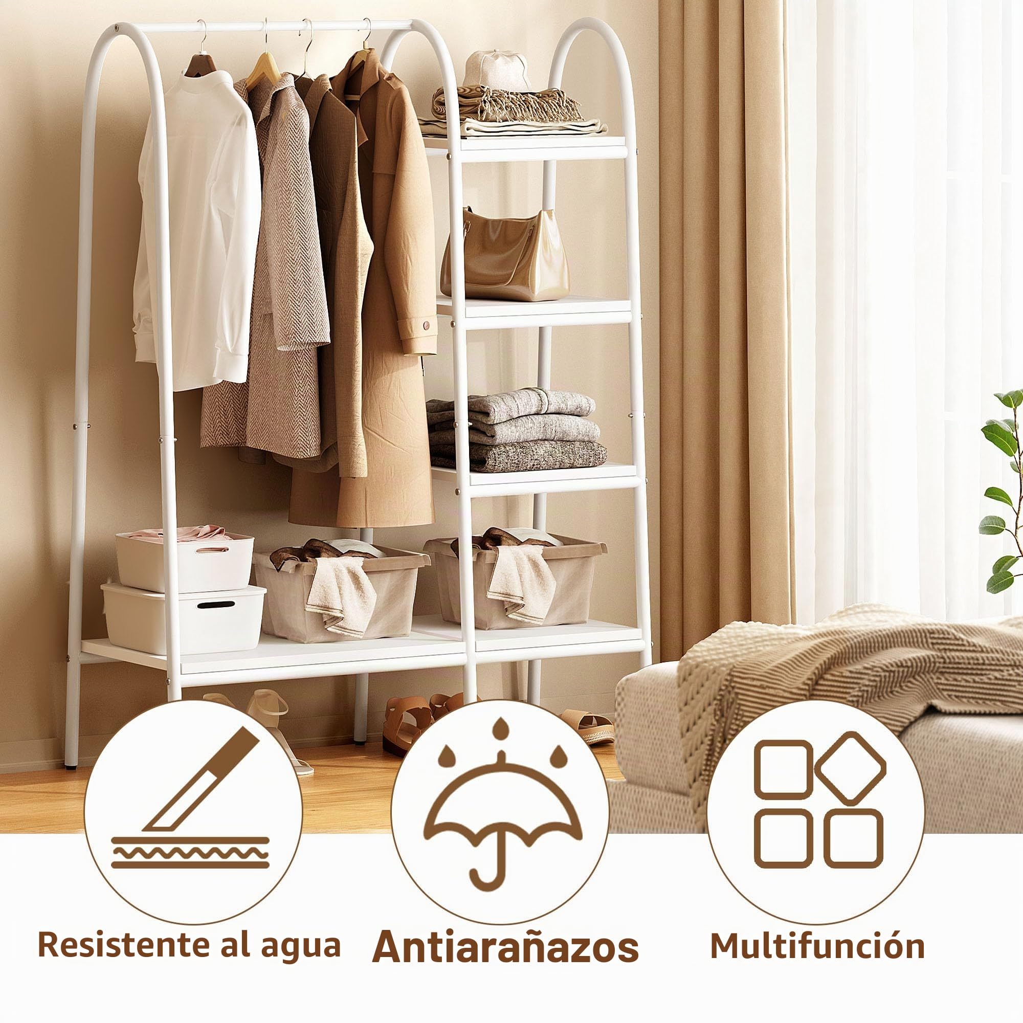 SDHYL Perchero de pie de metal con 4 niveles de almacenamiento y barra para colgar ropa, organizador de armario para dormitorio, salón (blanco)