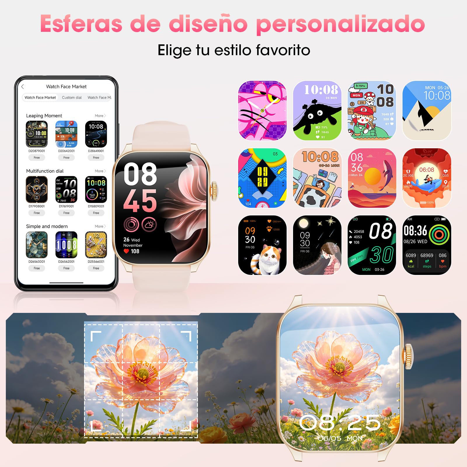 Reloj Inteligente Mujer, 7 Correas Regalo, 1,91" Pantalla Curva Smartwatch