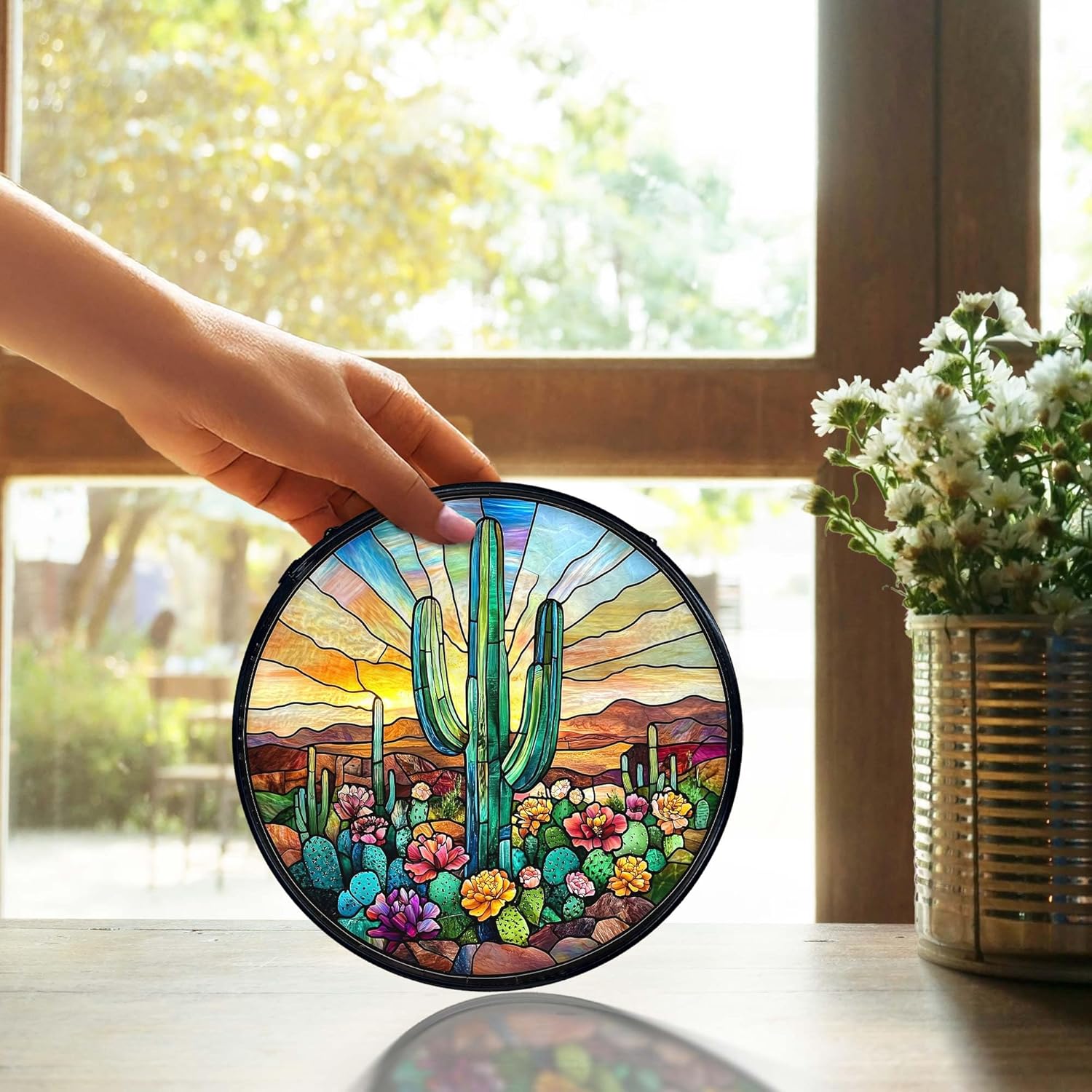 TNUW Western Cactus Stained Glass Window Hanging, Southwestern Desert Cactus Landscape Sun Catchers Indoor Window Glass Round Wall Art Decor, Western Wall Hanging Decorations, 7.9＂x7.9＂Suncatchers