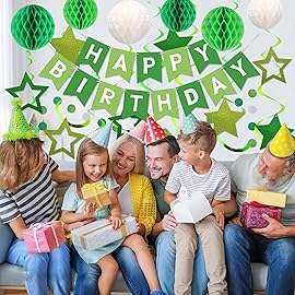 meowtastic Birthday Decorations, Happy Birthday Banner with Honeycomb Balls, Stars Hanging Swirls Streamers, Circle Dots Garland, Happy Birthday Party Decorations for Women Men Boys Girls (Green)