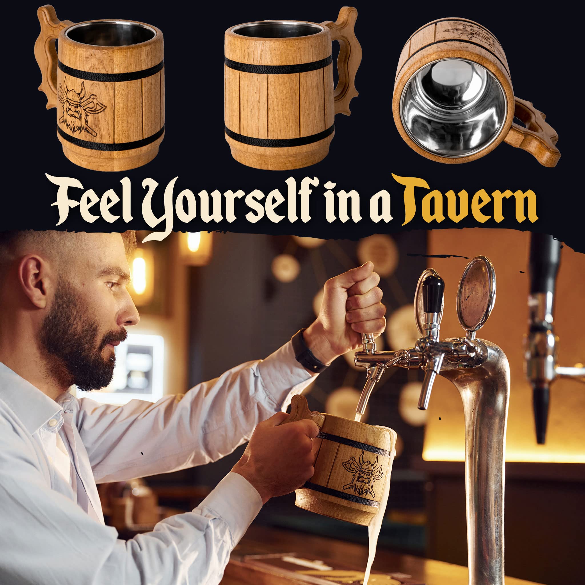 Arola Handgemaakte houten vat biermok, roestvrij staal vintage bierbeker, middeleeuwse drinkgerei mok voor koffie/drank/sap17oz cadeau voor mannen