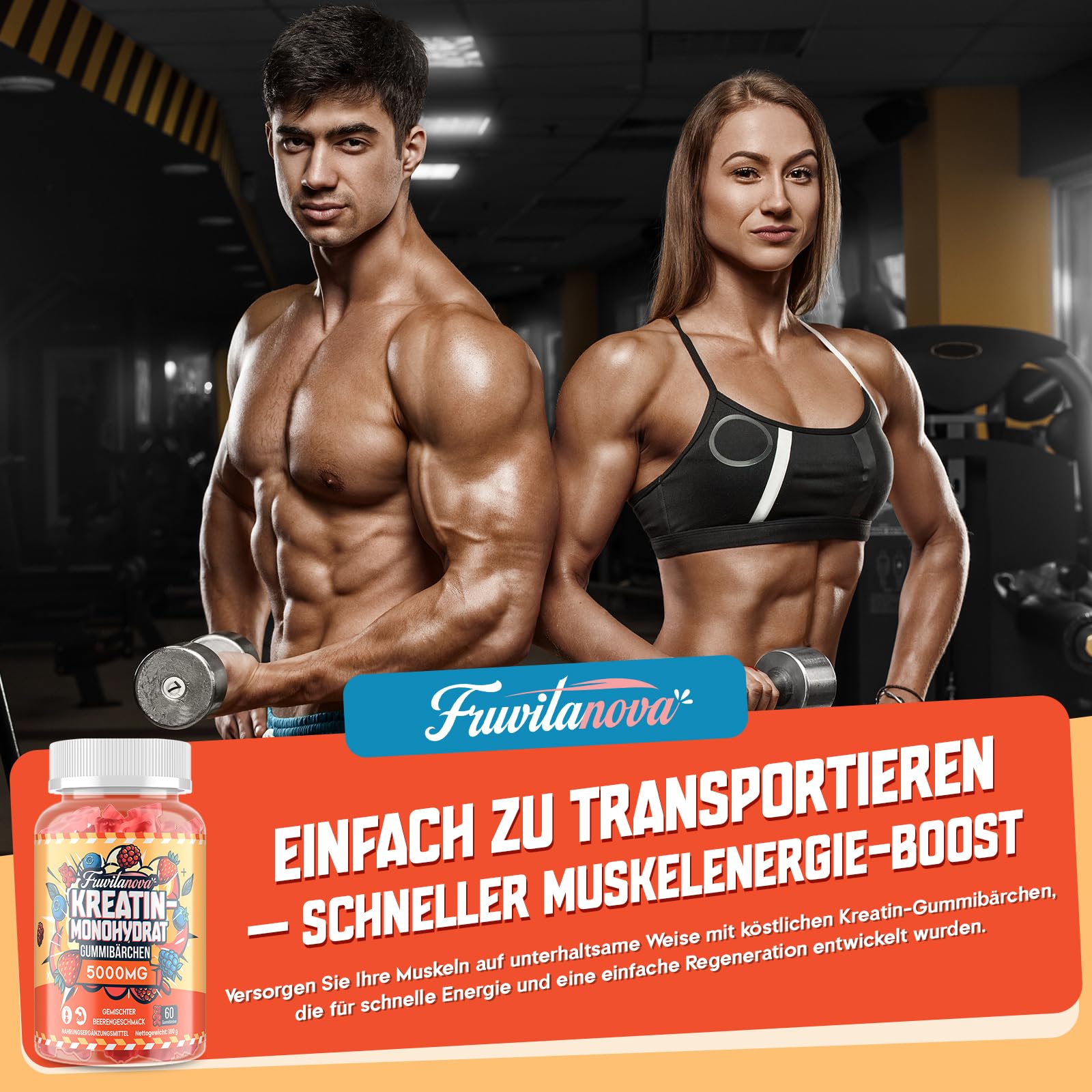 Kreatin Monohydrat Gummibärchen 5000 mg pro Portion, weiche Gummibärchen mit Fruchtgeschmack, Taurin und schwarzem Pfeffer für Muskeln und Kraft, 60 Stück