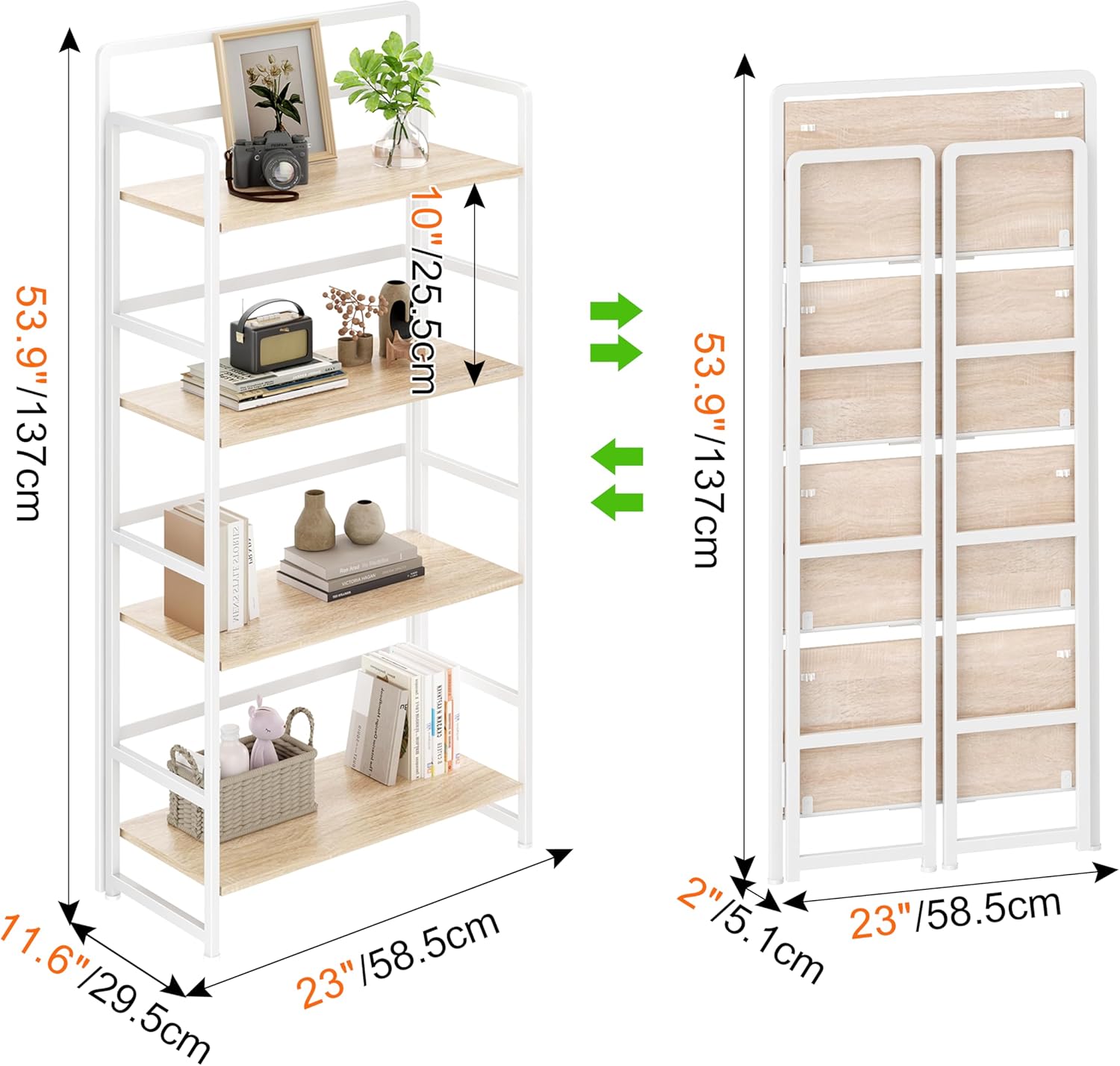 No Assembly Folding Bookshelf, 4 Tiers Collapsible Book Shelf for Home Office, Vintage Wood Foldable Bookcase Storage Organizer for Living Room Bedroom (Beige)
