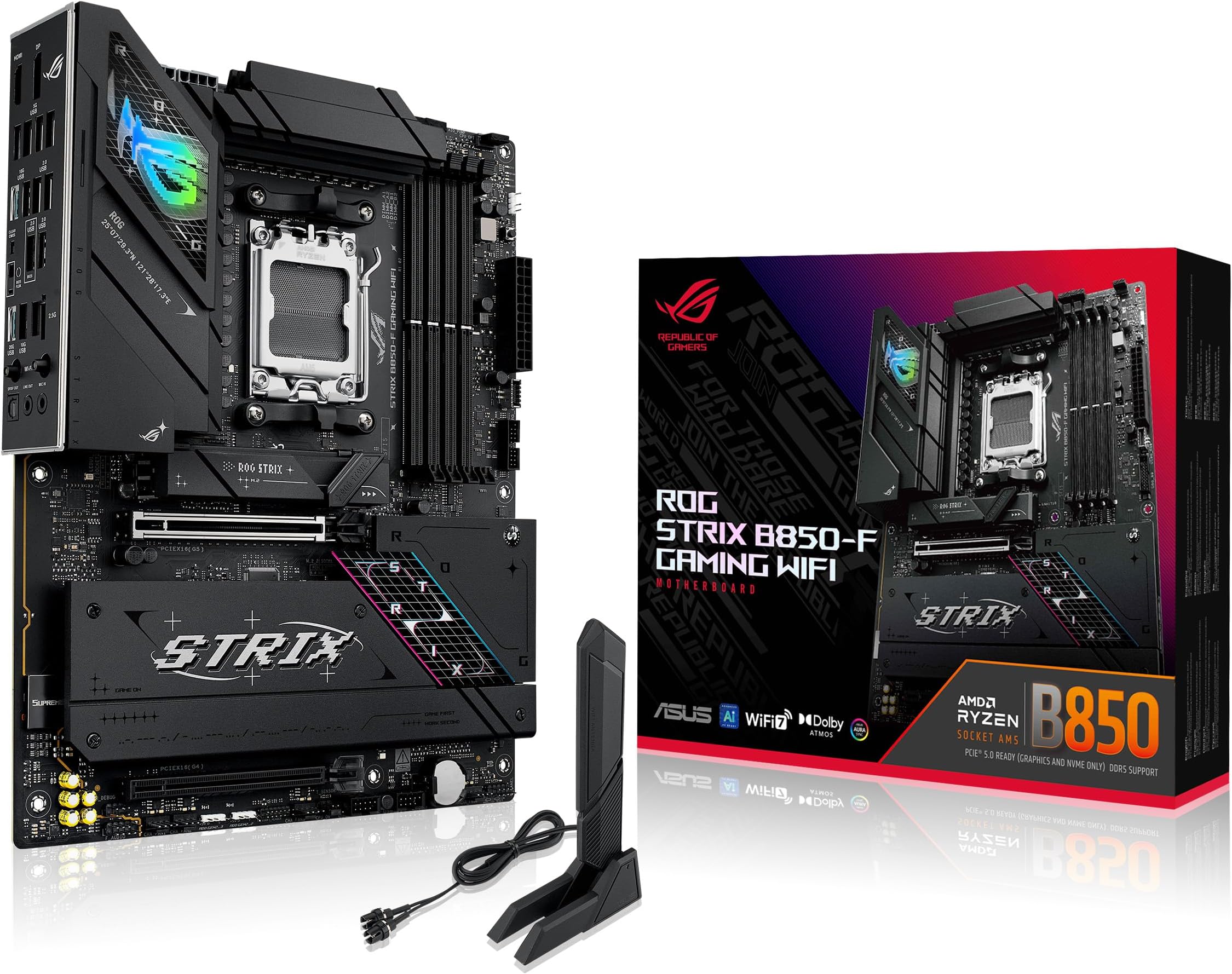 ASUS ROG Strix B850-F Gaming WiFi AMD AM5 16+2+2 Power Stages AI PC DDR5 AEMP, WiFi 7, 4X M.2, PCIe® 5.0, 19 USB, 20Gbps Type-C®, AI Networking II, Aura Sync