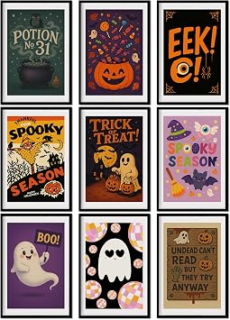 Aozomo 9 Pcs Halloween Wall Art Prints Set Cute Spooky Season Posters Gothic Boho Halloween Decor for Kids Room Bedroom Living Room Gallery Wall - Unframed - 8x12 inches