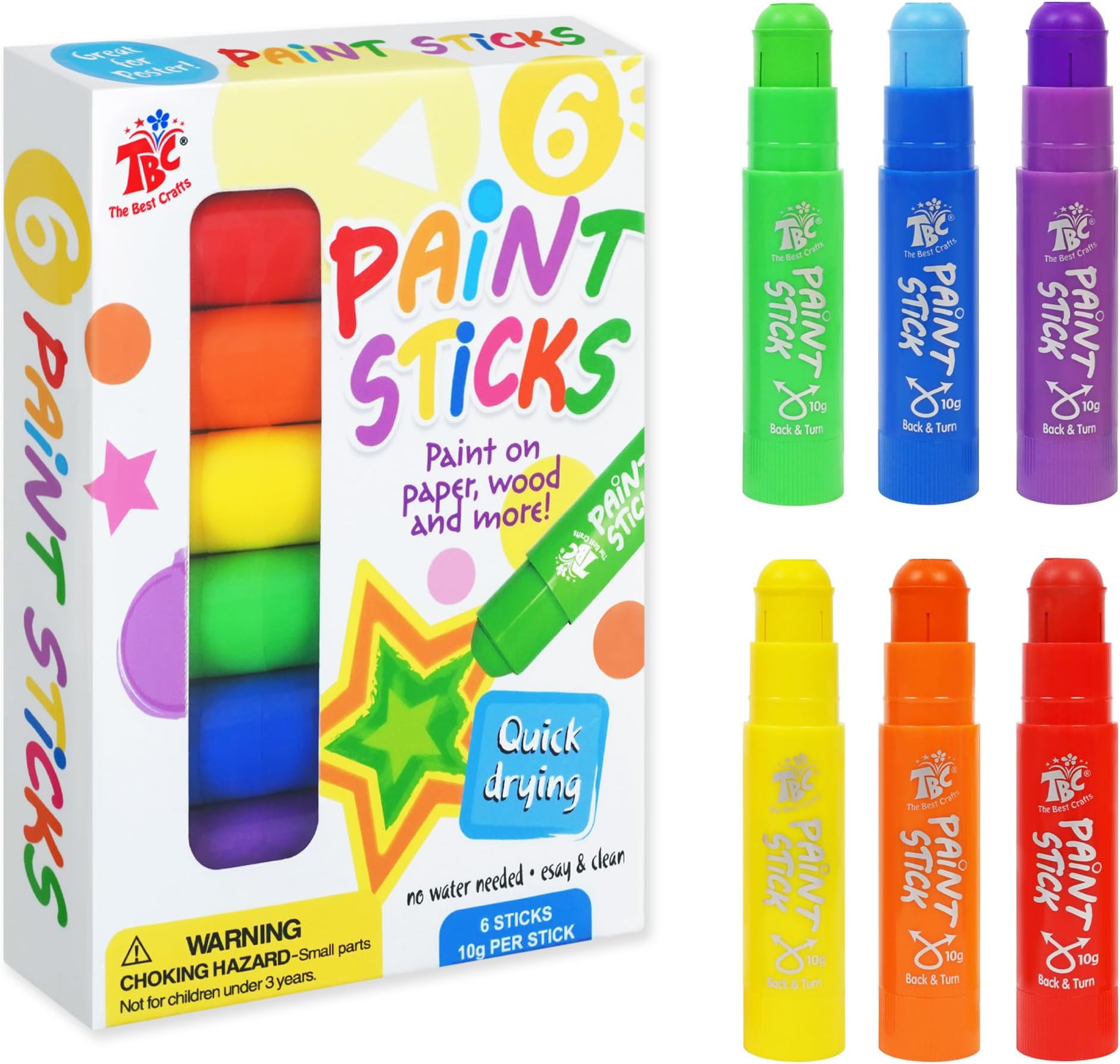 TBC The Best CraftsPaint Sticks, 6 Classic Colors, Washable, Non- Toxic, Tempera Paint Sticks for Kids and Student(6 Colors)