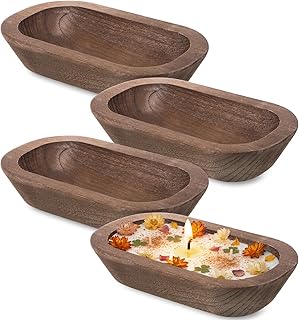 4 Pcs Wooden Dough Bowls, Table Centerpiece for Candle Making, Rustic Vintage Carved Pine Wood Candles Decoration Bowls, 10×6×2inch, for Home Decoration DIY Crafts, Brown