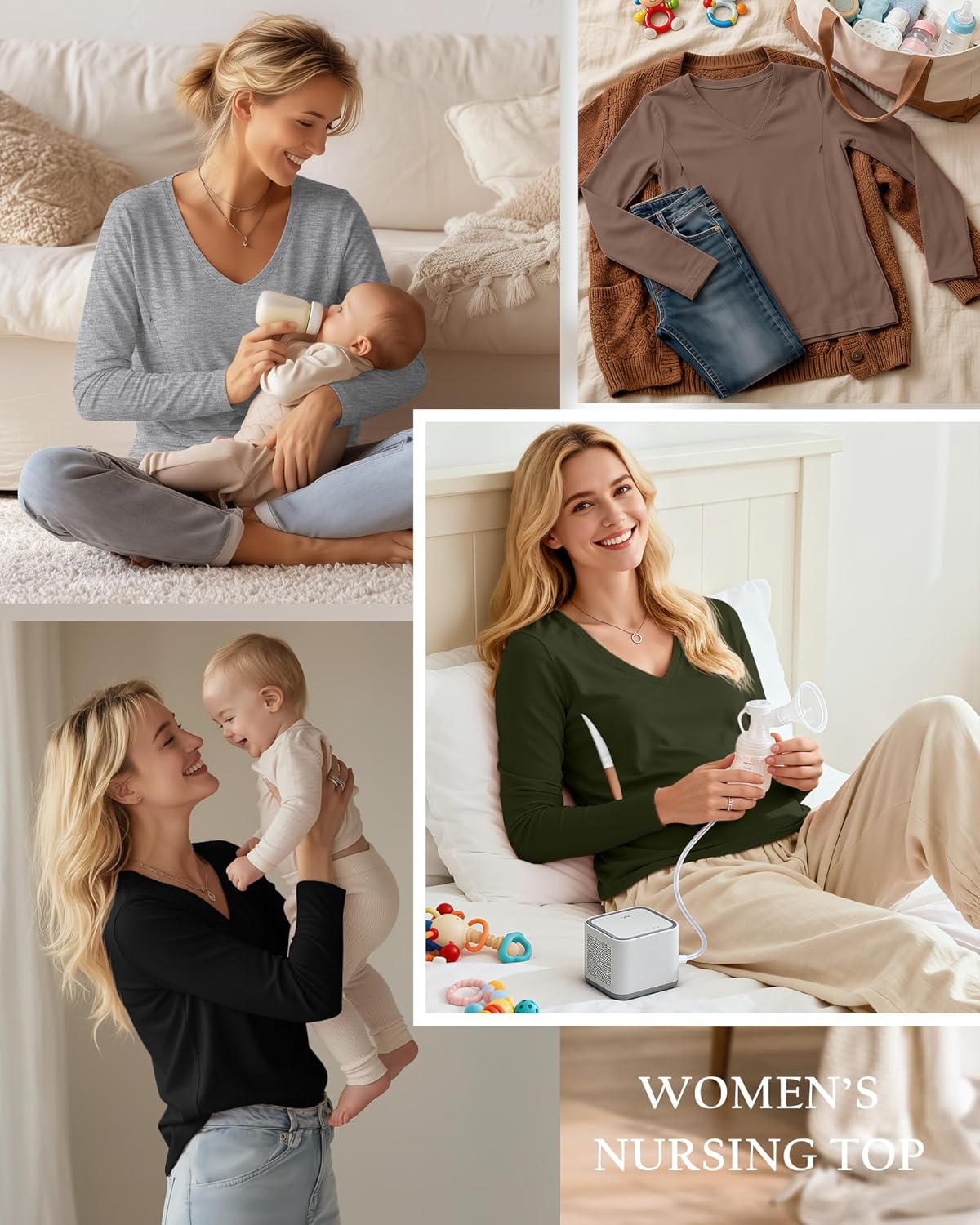 4 Pack Women's Long Sleeve Nursing Shirts with Hidden Zipper V Neck Breastfeeding Clothes Maternity Loose Fit Tops - Image 2