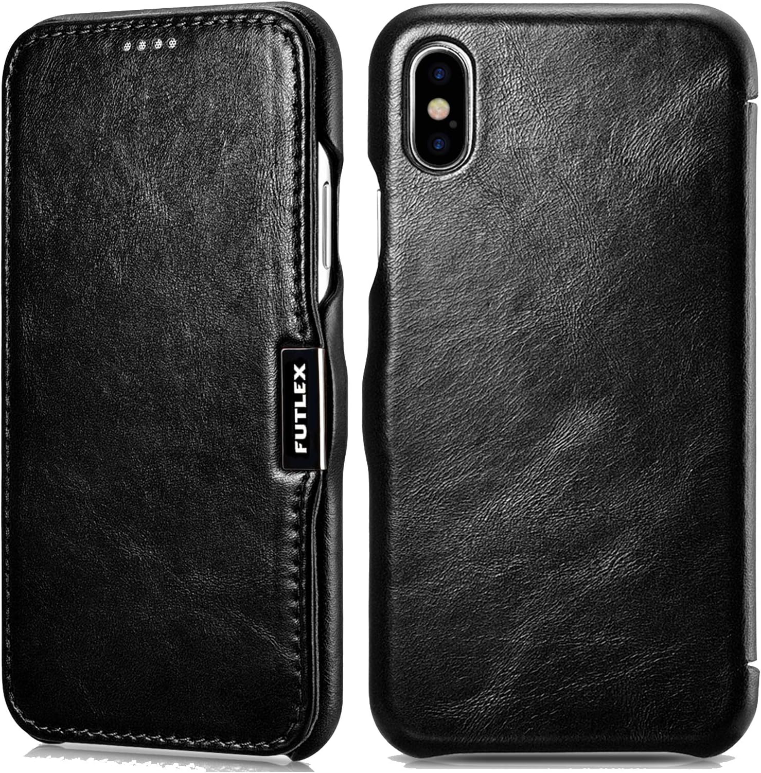 FUTLEX Genuine Leather Folio Case Compatible with iPhone XS X - Vintage Style Leather Folio Cover with Magnetic Closure - Supports Wireless Charging - Black