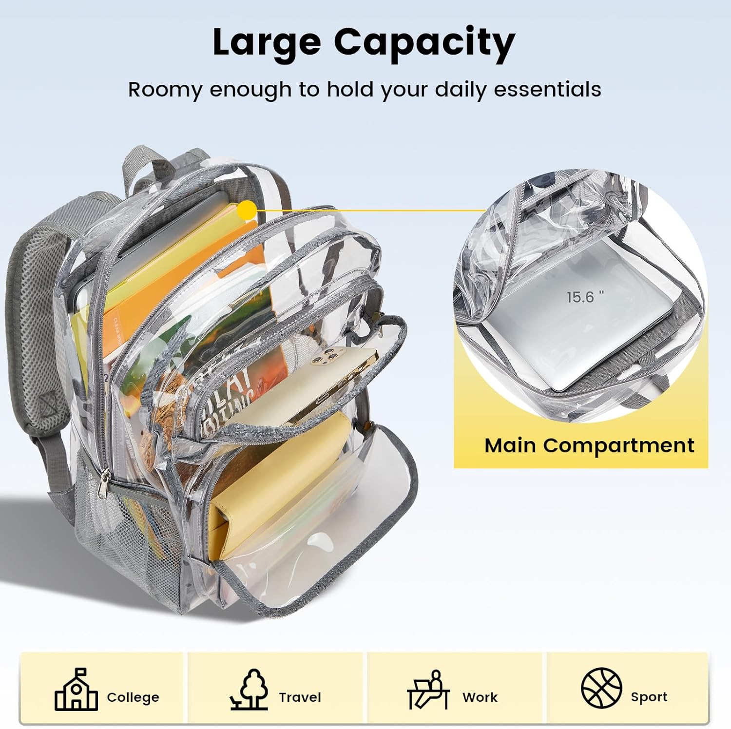 Vorspack Clear Backpack Heavy Duty - Large Clear Bookbag Transparent Backpacks See Through Backpack for College Work Travel Festival - Grey - Image 3