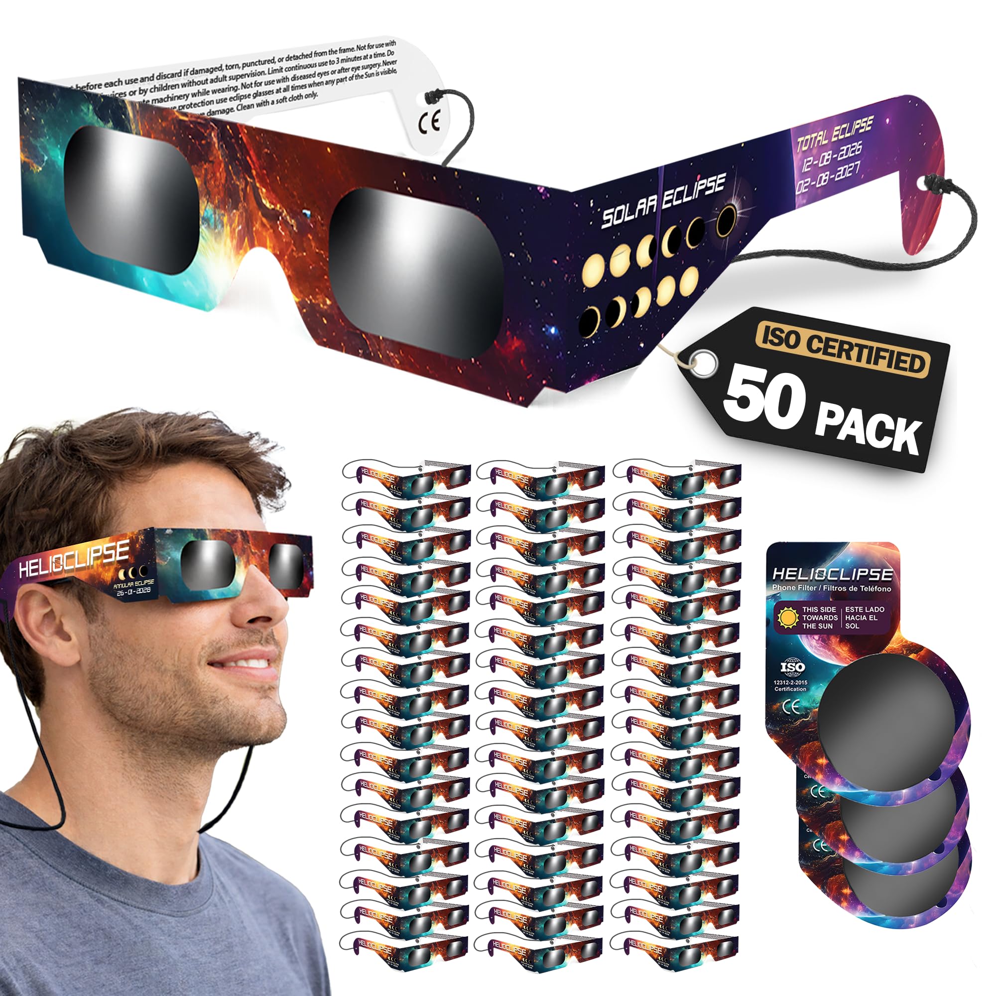 Helioclipse Solar Eclipse Glasses [6/12/25/50 PACK] 2026 - Trusted for Direct Solar Eclipse Viewing, Iso 12312-2 CE Certified