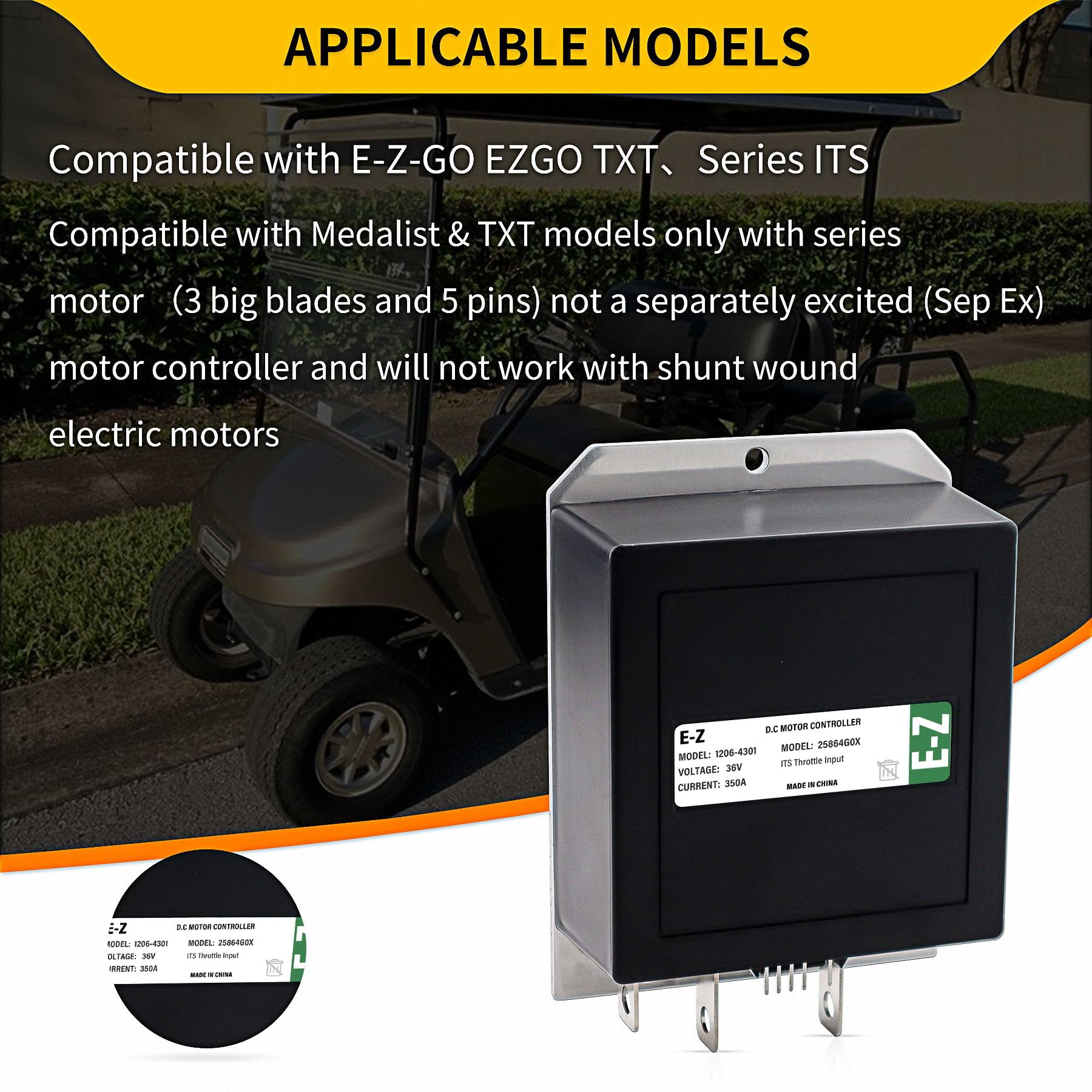 36V 350A DC Motor Controller For EZGO Medalist TXT | ITS Throttle, 5-Pin | Replaces 1206-4301 - View #3