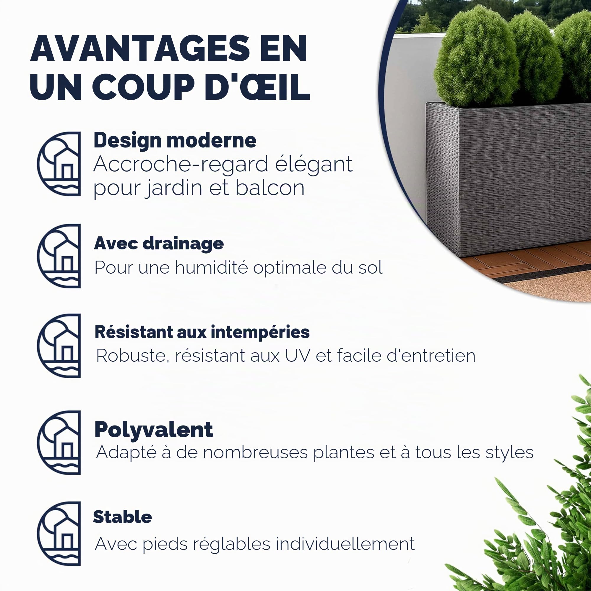 CASARIA Bac à Fleurs Polyrotin Gris | Jardinière Verticale, Dimensions: 83x30,5x60 cm, Intérieur et Extérieur, 3x Pots Amovibles, Aspect Rotin, avec Drainage