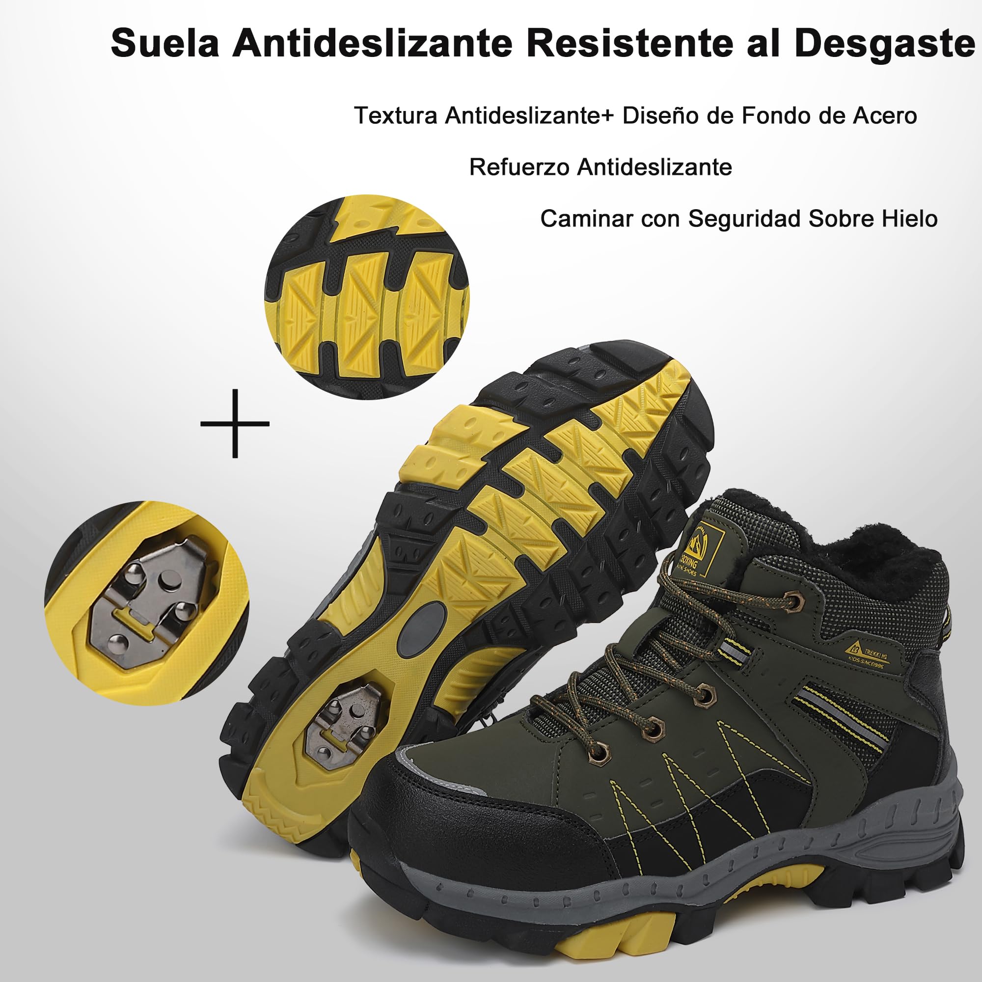 ASTERO Botas de Invierno para Niño 31-38 con Hebilla de Acero, Algodón, Zapatillas Trekking Senderismo, Botas de Nieve y Montaña Verde 32