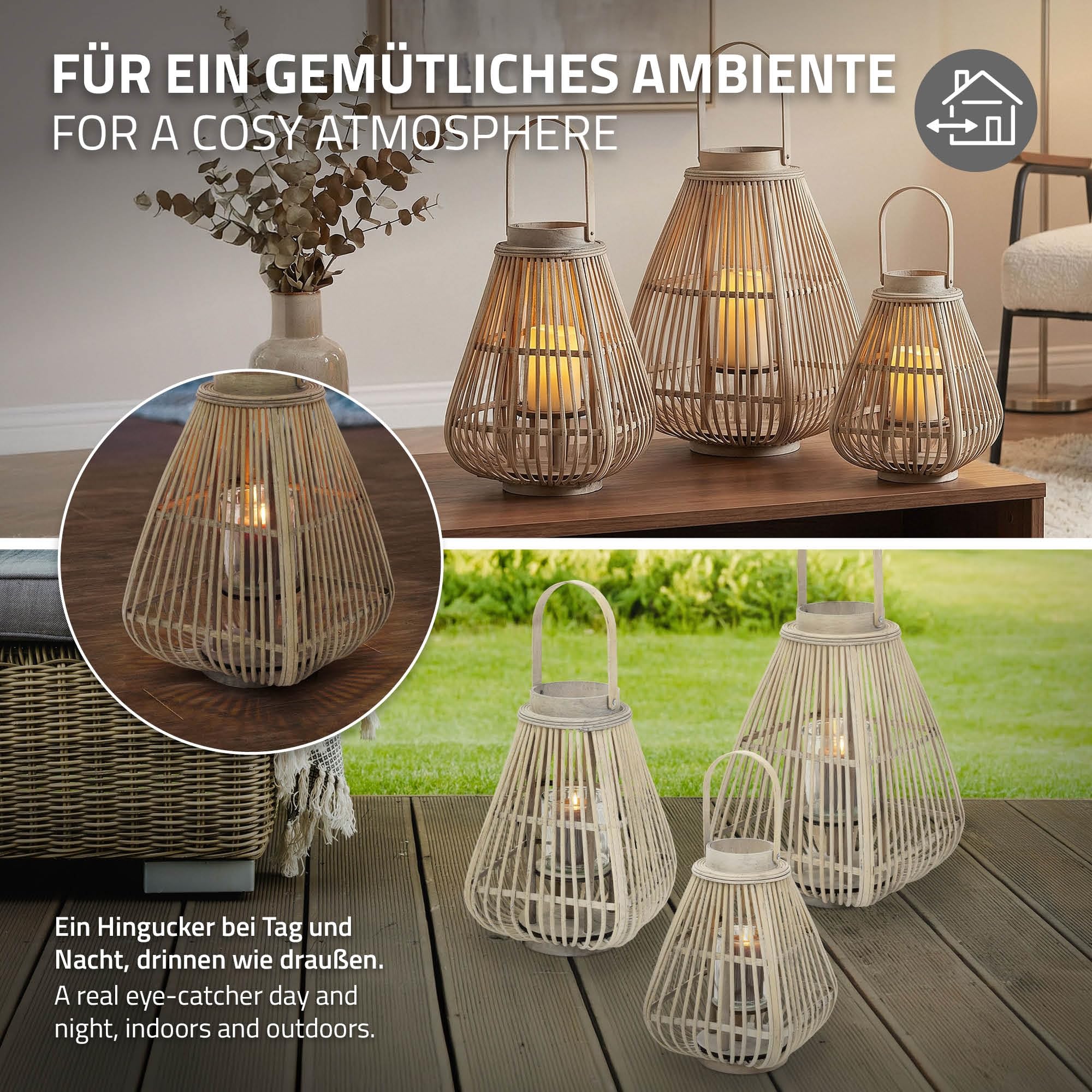 ECD Germany Linterna de Bambú de Madera, 55cm de Altura, Portavelas de Jardín con Asa y Inserto de Cristal, Farolillo de Estilo Boho, Lámpara Colgante Interior/Exterior Decorativo para Terraza, Balcón
