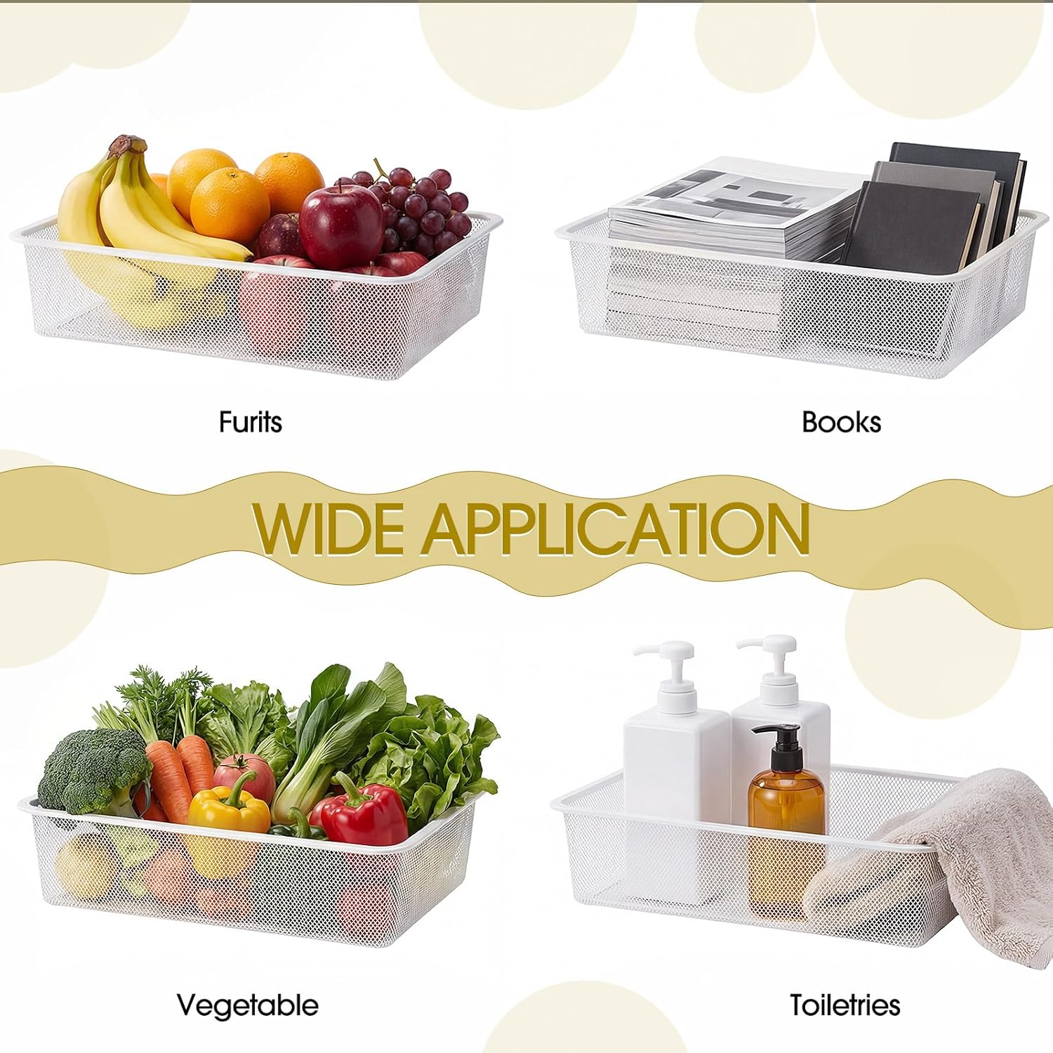 4 Pack Metal Mesh Storage Baskets, Metal Wire Organizer Bins, Stackable Pantry Containers for Kitchen, Cabinet, Fridge, Closet, Bathroom, Makeup and Home Organization(White,Large)