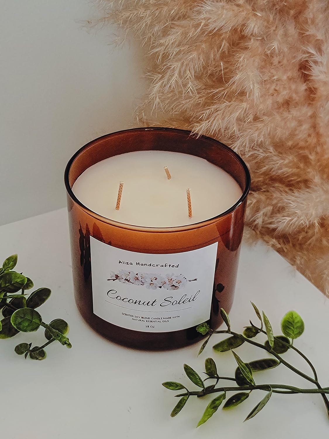 Coconut Soleil Scented Candles- Soy Blend Wax, 18 oz- Amber 3 Wick Tumbler Jar