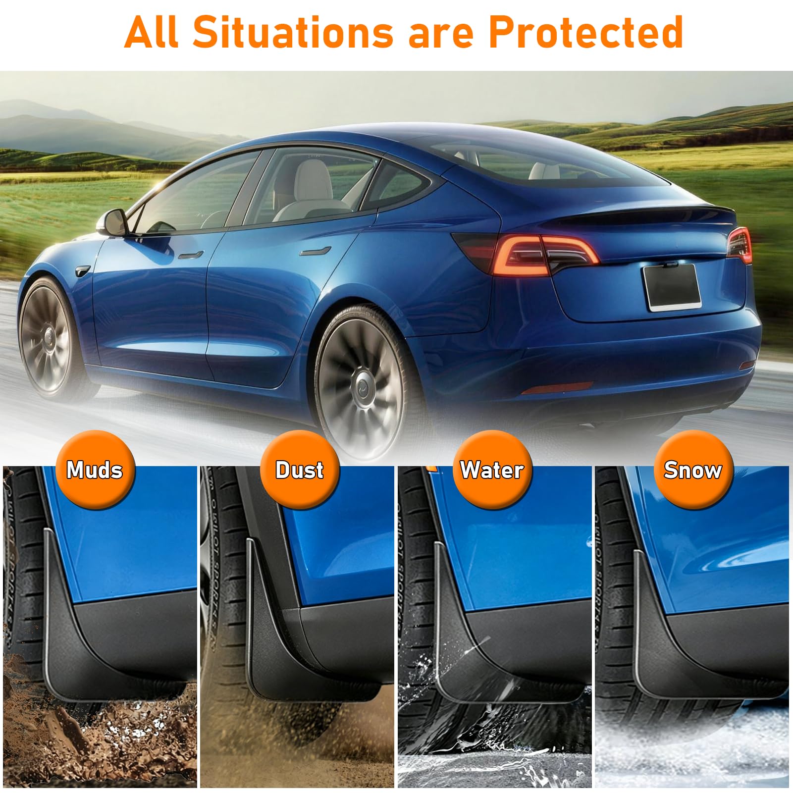 TTCR-II 4 PCS Compatible avec Bavette Tesla Model 3 2017 2018 2019 2020 2021 2022 2023, Aucun Perçage Nécessaire Model 3 Bavettes Anti-éclaboussures Ailes, Tesla Garde-Boue Équipés de Vis de Fixation