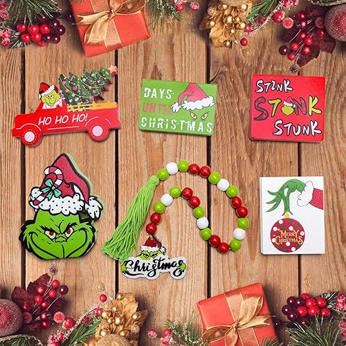 Miniatura 7 de Grinch - Decoración de bandeja escalonada de Navidad, 6 piezas de decoración de bandeja escalonada de Navidad, letreros de madera de Navidad para