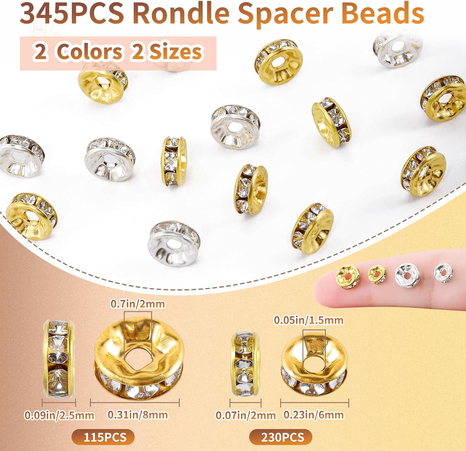 345PCS Rondelle Spacer Beads for Jewelry Making, 6mm, 8mm Rhinestone Spacer Beads for Beaded Pens, Silver and Gold Spacers Bead for Necklace Bracelet Earring DIY and Craft Projects