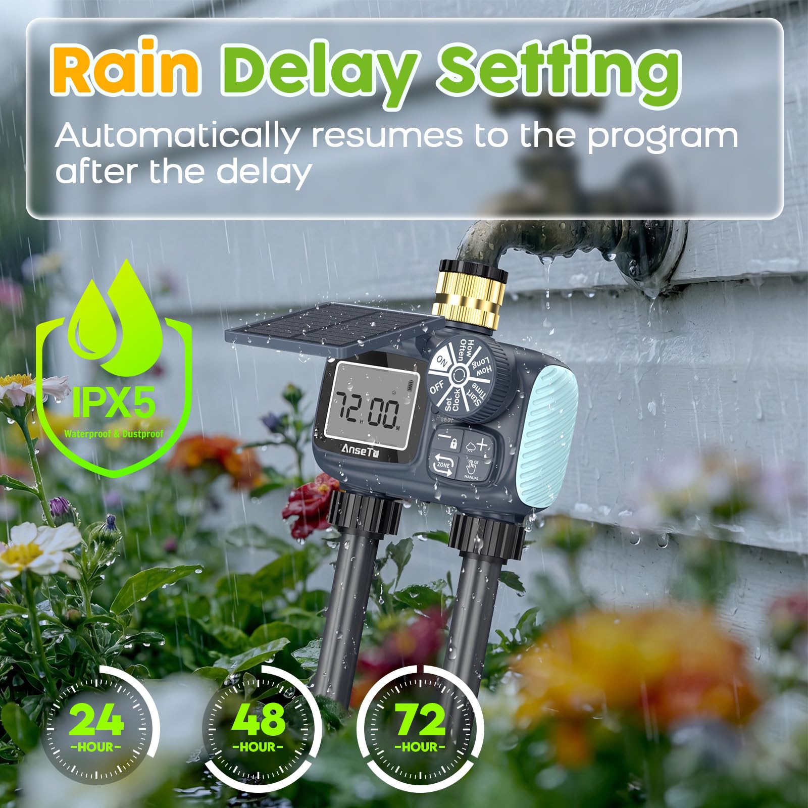 Programador de Riego Solar con 2 Salidas,Sistema de Riego Inteligente Ajustable con Carga Solar y Tipo C,Ecológico y de Bajo Consumo para Jardín,Césped y Huerto