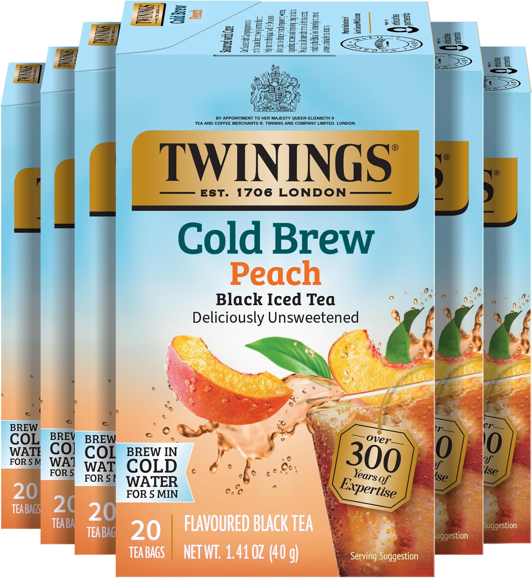 Peach Cold Brew Iced Tea Bags, 20 Count (Pack of 6), Unsweetened Flavoured Black Tea, Caffeinated, 120 Teabags
