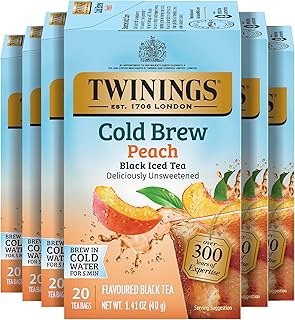 Twinings Peach Cold Brew Iced Tea Bags, 20 Count (Pack of 6), Unsweetened Flavoured Black Tea, Caffeinated, 120 Teabags