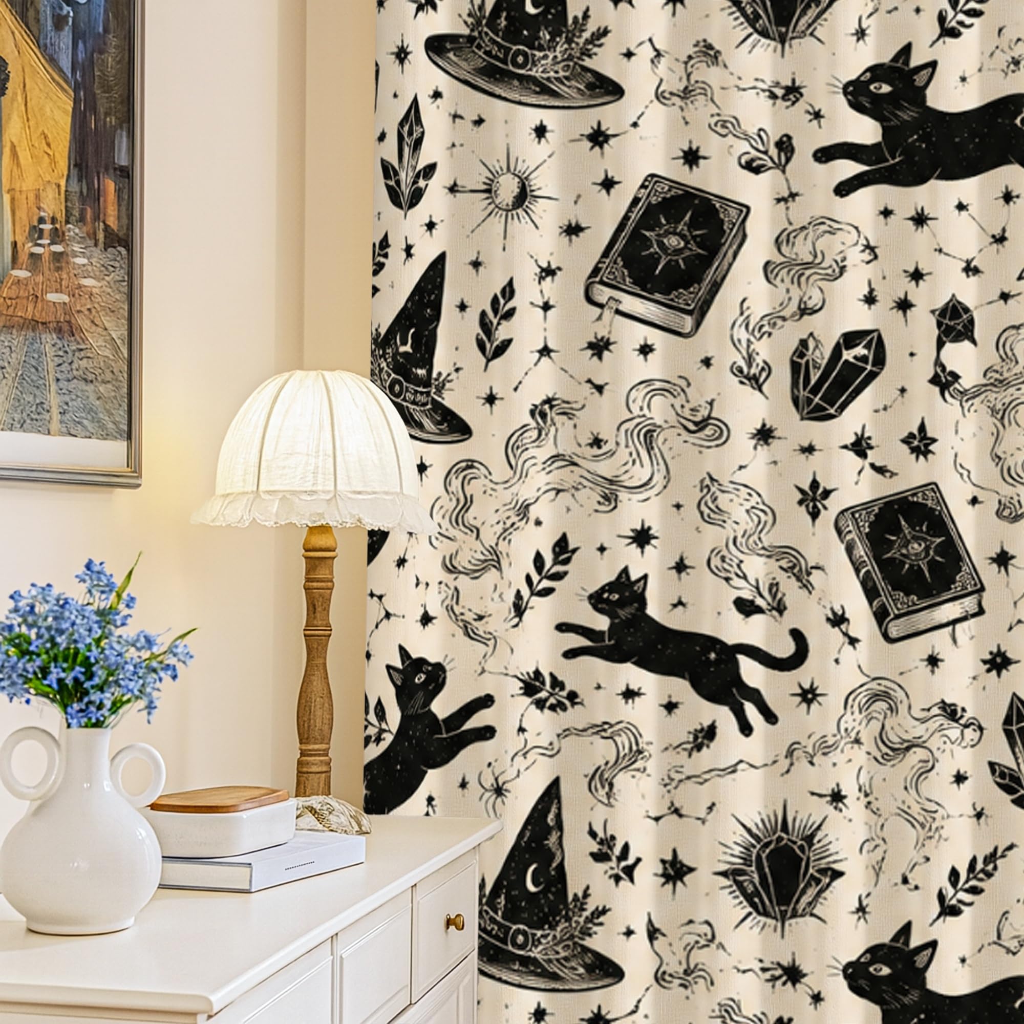 Rideaux occultants chat et cristal d'Halloween 132x213 cm noir pour salon