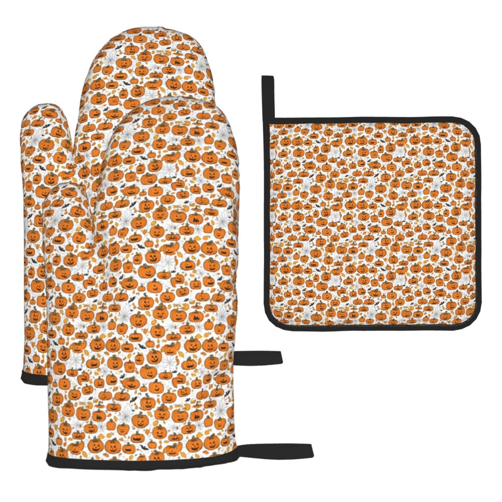 Halloween Pumpkin Patterns Print Oven Mitts Kitchen Gloves Set Everyday Baking Grilling Microwaving Cooking Gift
