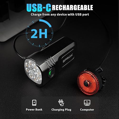 Miniatura 7 de USB-C Rechargeable Bike Light Front & Rear Set, Multi-Mode LED, IP65 Waterproof, Aluminum Alloy, Memory Function, Commuting & Mountain Night Riding