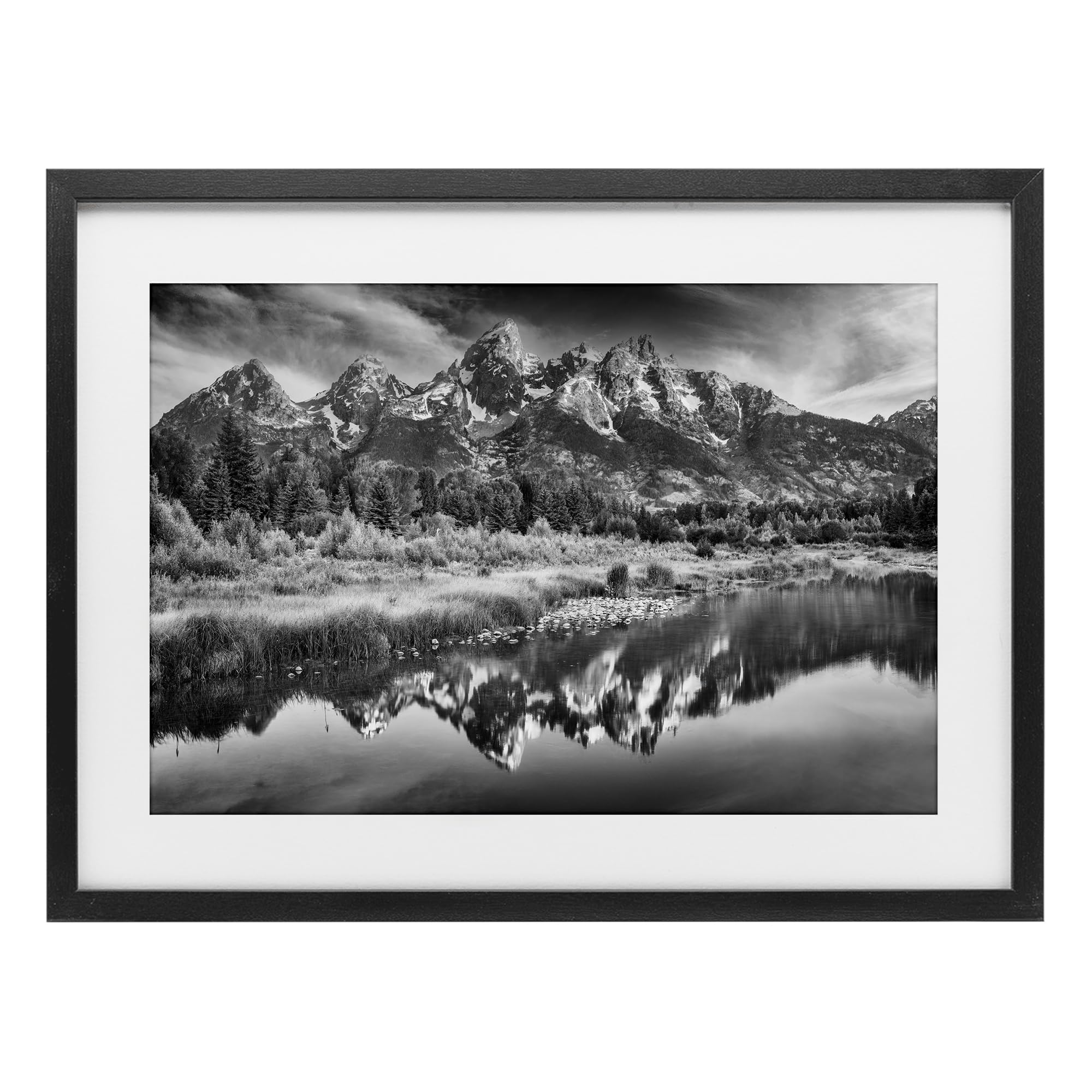 Stupell Industries Teton Mountain Reflections, Serene Greyscale Landscape for Living Room, 14 x 20 Inch Framed Matted Print Under Glass, by Rick Berk, Made in USA Gift