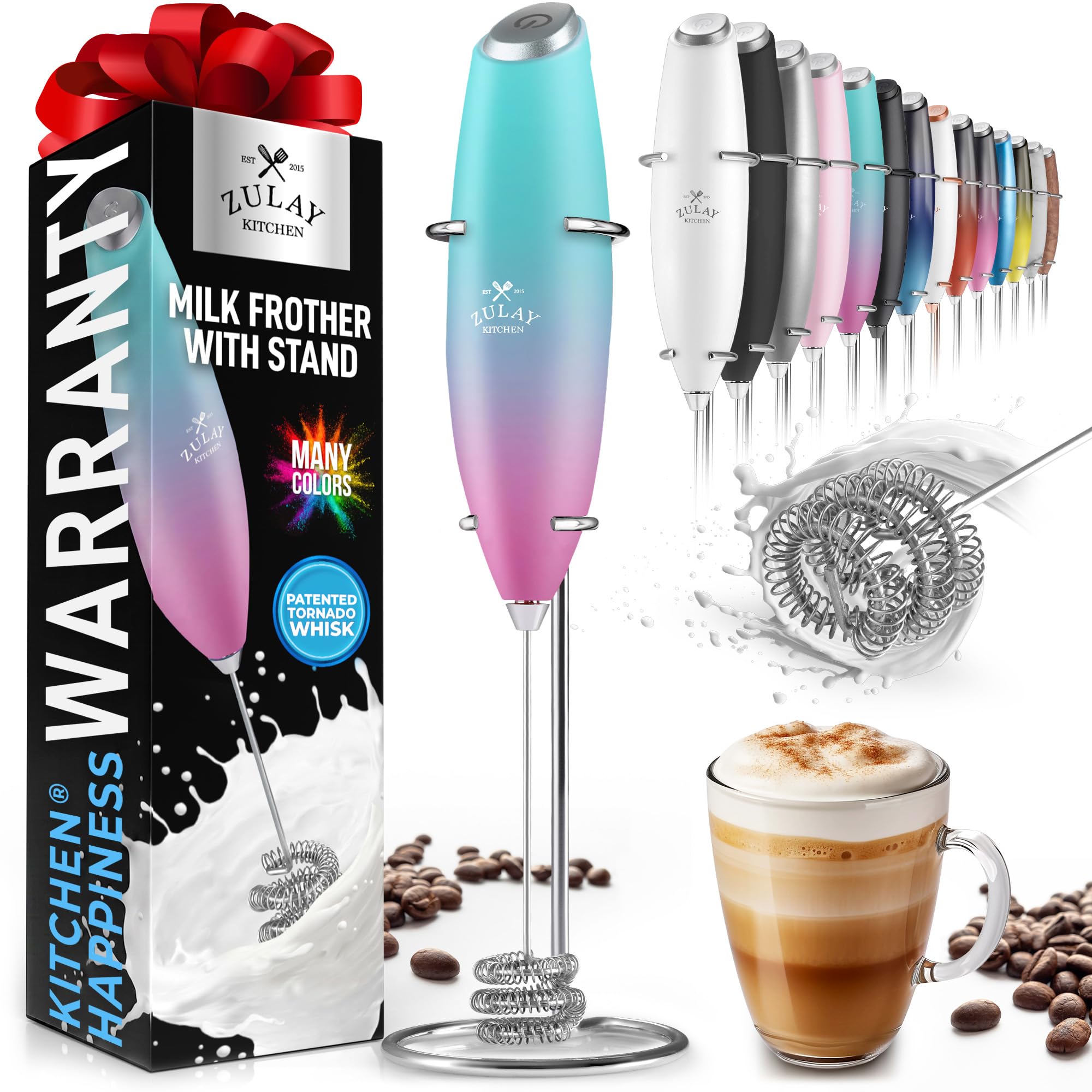 Zulay Powerful Milk Frother for Coffee with Upgraded Titanium Motor - Handheld Electric Whisk, Milk Foamer, Mini Mixer &amp; Coffee Blender for Frappe, Latte, Matcha, No Stand - Teal Pink Fade