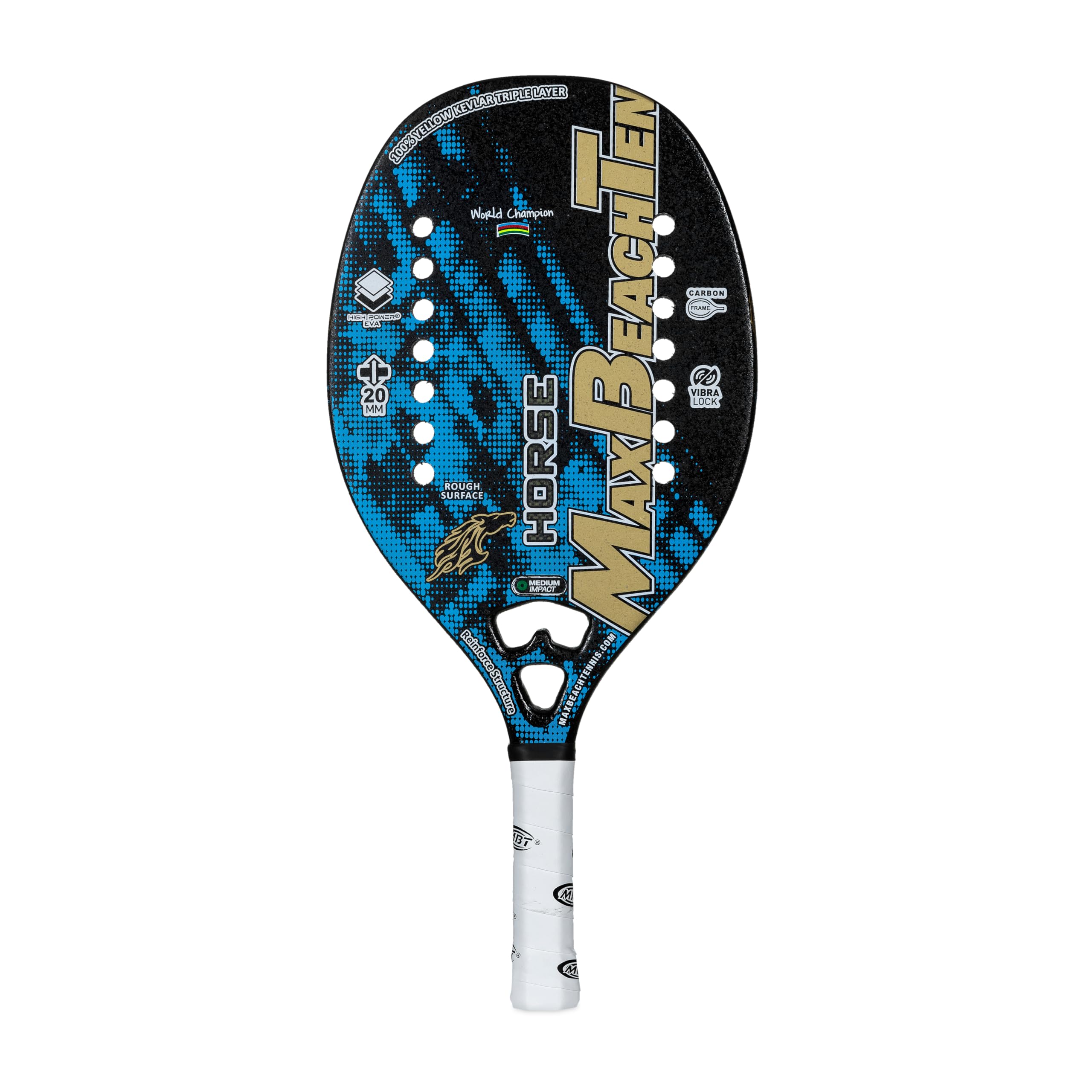 MBT HORSE, Racchetta Beach Tennis 100% Kevlar - Trattamento ruvido- Eva High Power – Leggera e Bilanciata – Profilo 20 mm - Custodia inclusa - Racchetta Campione del Mondo