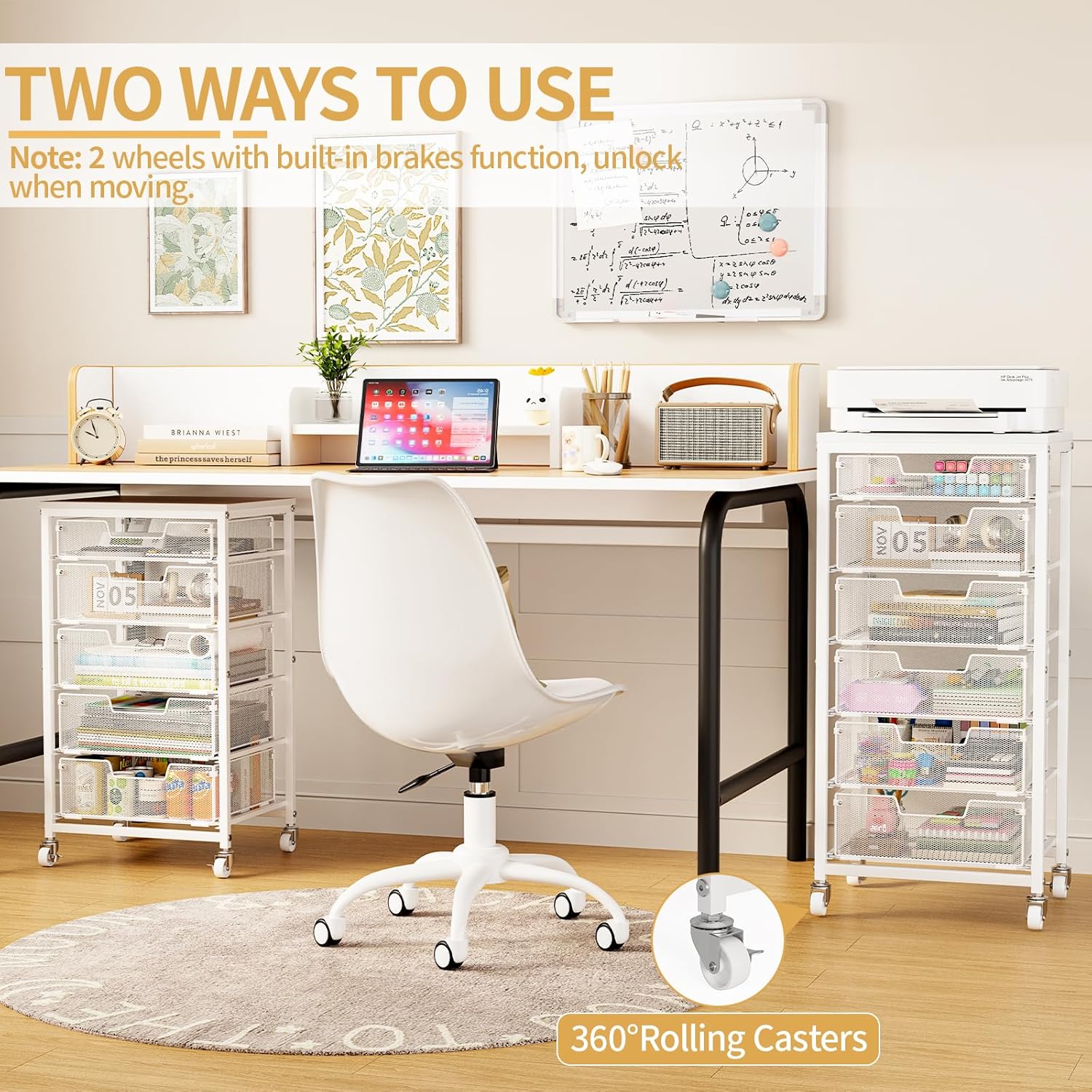 6 Drawers Utility Cart, Rolling Storage Cart with Wooden Tabletop, Storage Drawer Cart on Lockable Wheels, Craft Cart for Bedroom, Classroom, Office, White - Image 8