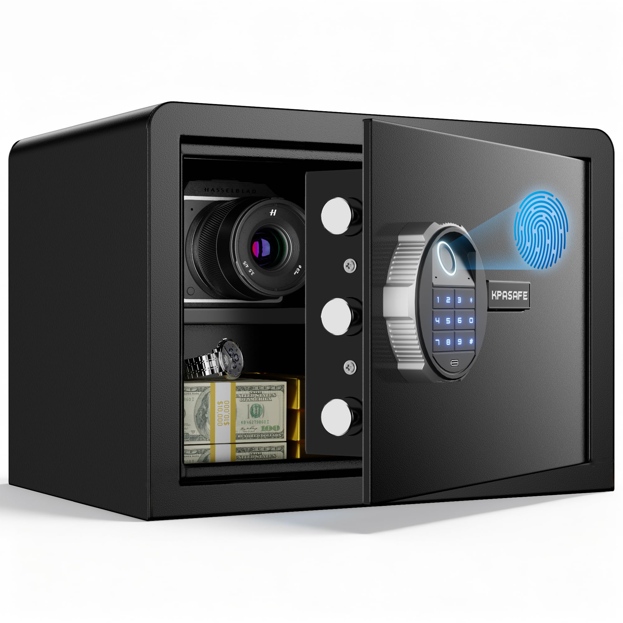 Small Biometric Safe, 0.8 Cuft Fingerprint Safe Box with Fireproof Bag, Caja Fuerte Para Dinero with Silent Mode, Backlit Keypad, Anti-Theft, and LED Light, 9.8×13.8×9.8 IN