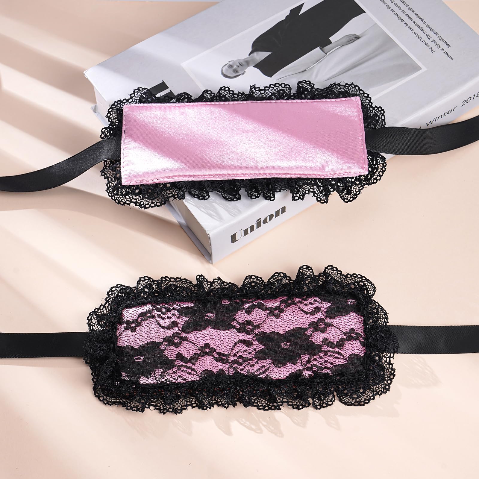 FRESHME Antifaz para dormir con los ojos vendados y lazos para las manos – 3 unidades, color rosa y negro, bonito y cómodo, de encaje, para parejas, mujeres, bonito regalo para el día de San Valentín