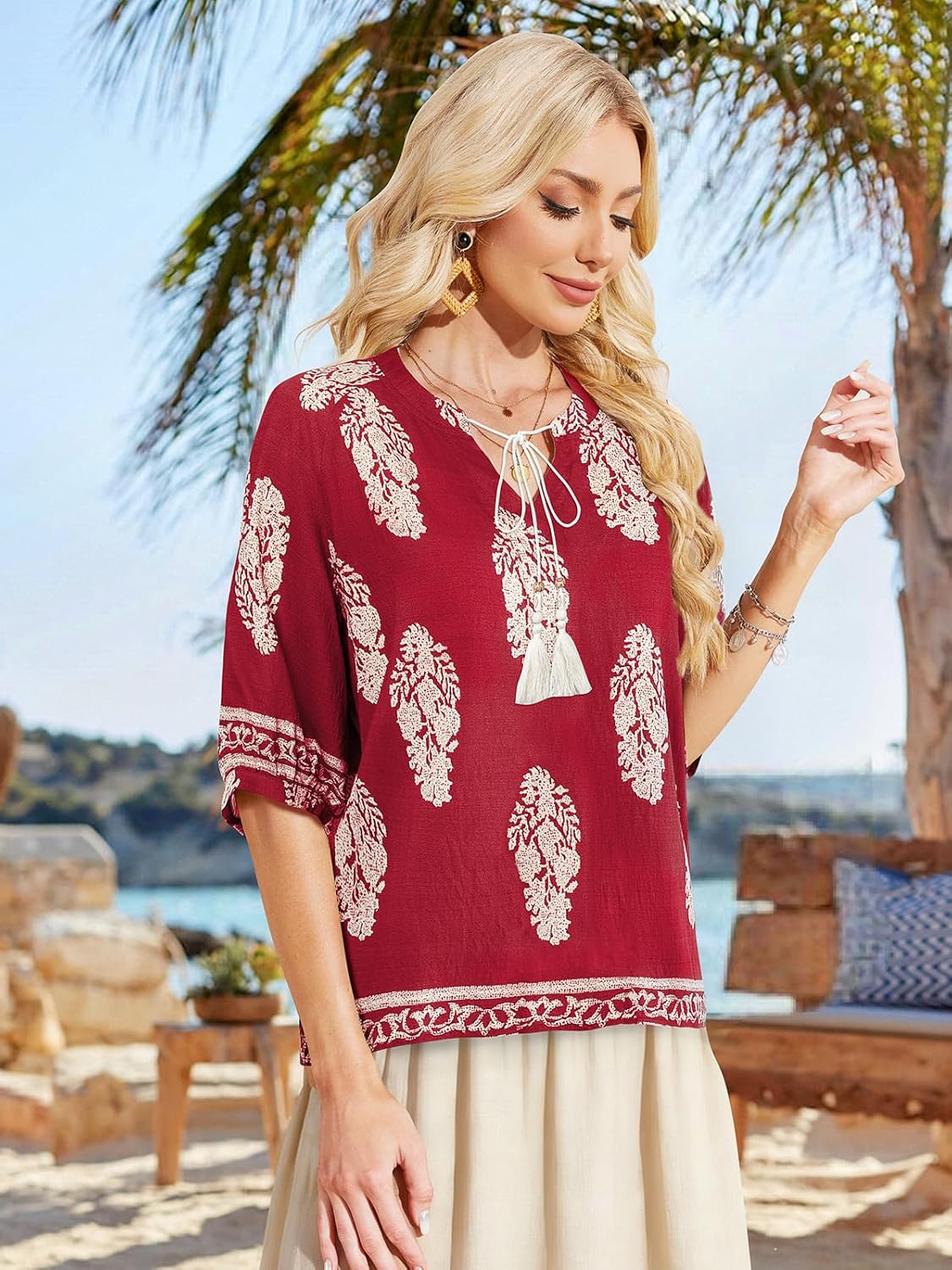 Bulotus Womens Boho Tops Spring Summer 3/4 Sleeve Drawstring V Neck Blouse Dressy Casual Shirts Beach Vacation Clothes - Image 4