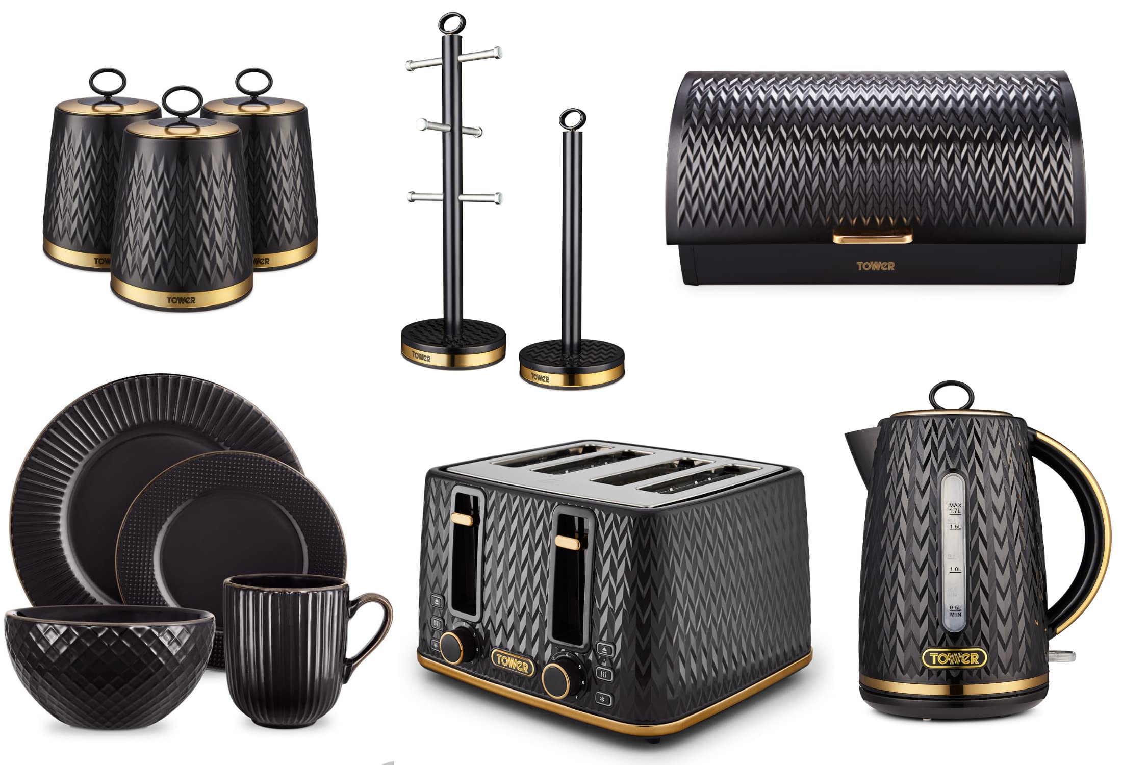 Tower Empire Black Jug Kettle Slice Toaster Bread Bin