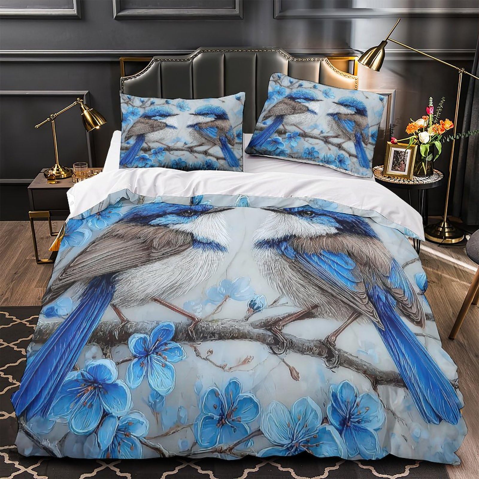 Parure de lit oiseaux bleus 140x200 avec housse de couette en microfibre imprimée 3D
