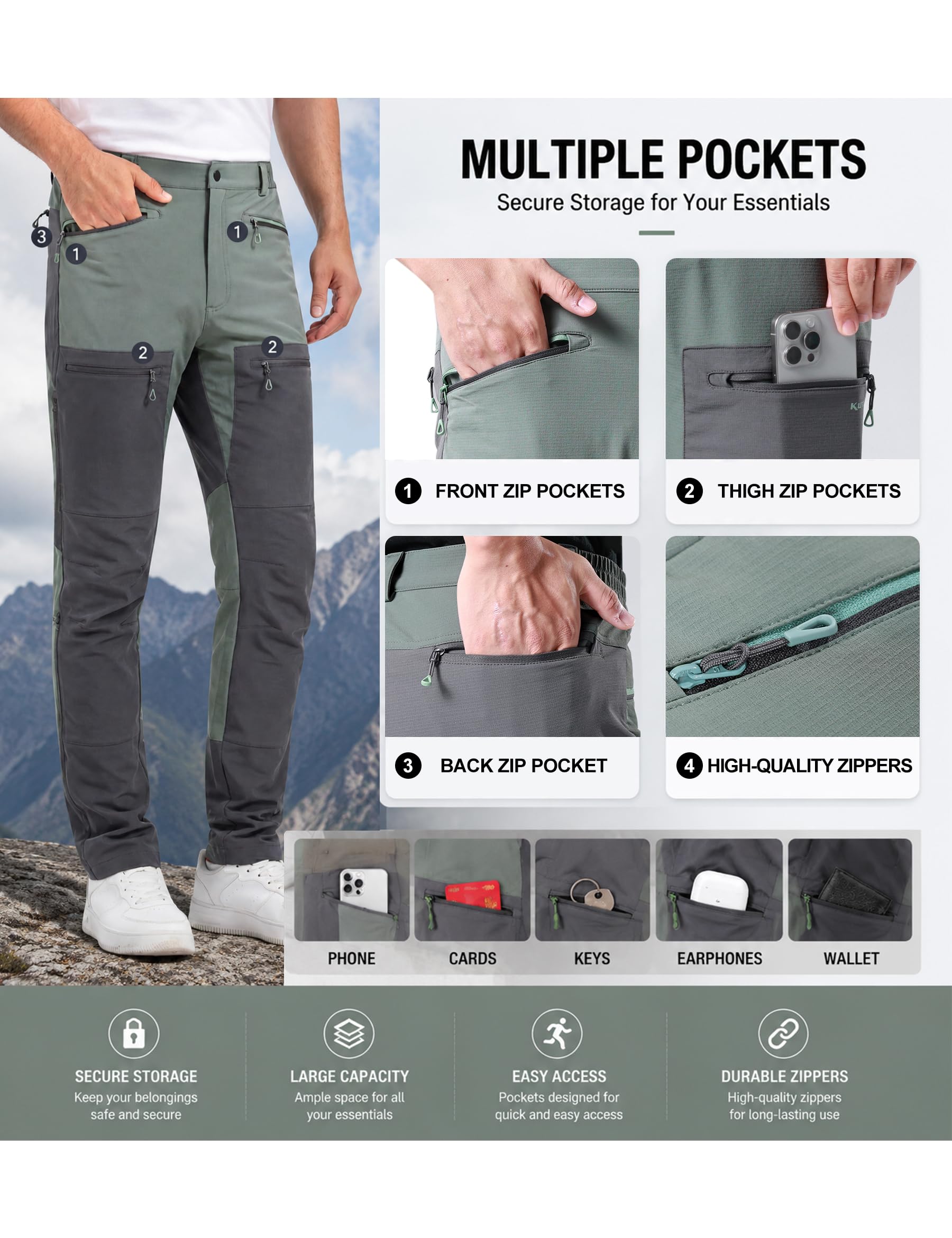 KUTOOK Pantaloni Trekking Uomo Pantaloni Cargo Uomo Pantaloni da Lavoro Traspiranti Resistente Temperatura 10-30°per Campeggio, Pesca, Montagna, Arrampicata