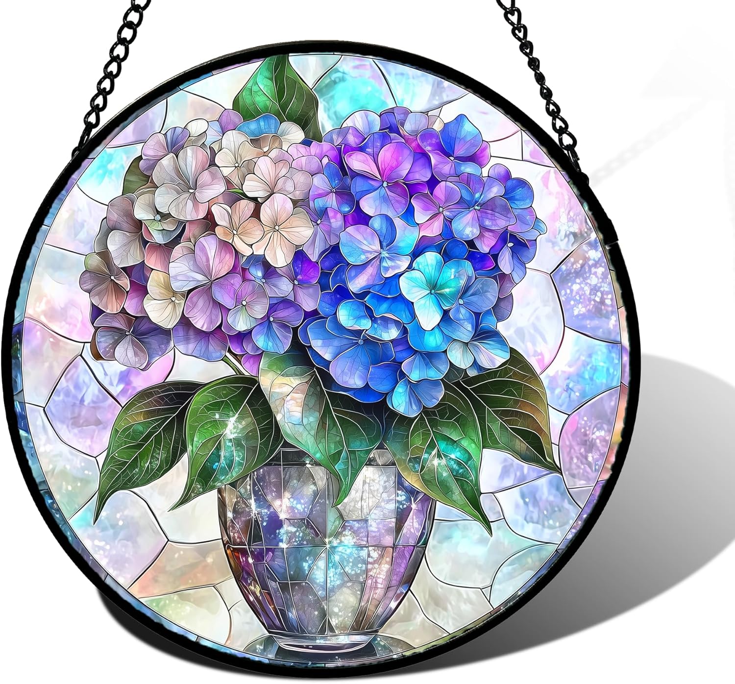 DASTOLL Stained Glass Window Hanging, Blue Purple Hydrangea Flowerpot Suncatcher for Doors Home Sun Catchers Decoration and Christmas, Mother's Day Birthday Gifts for Women, Men, and Mom 6.3 in