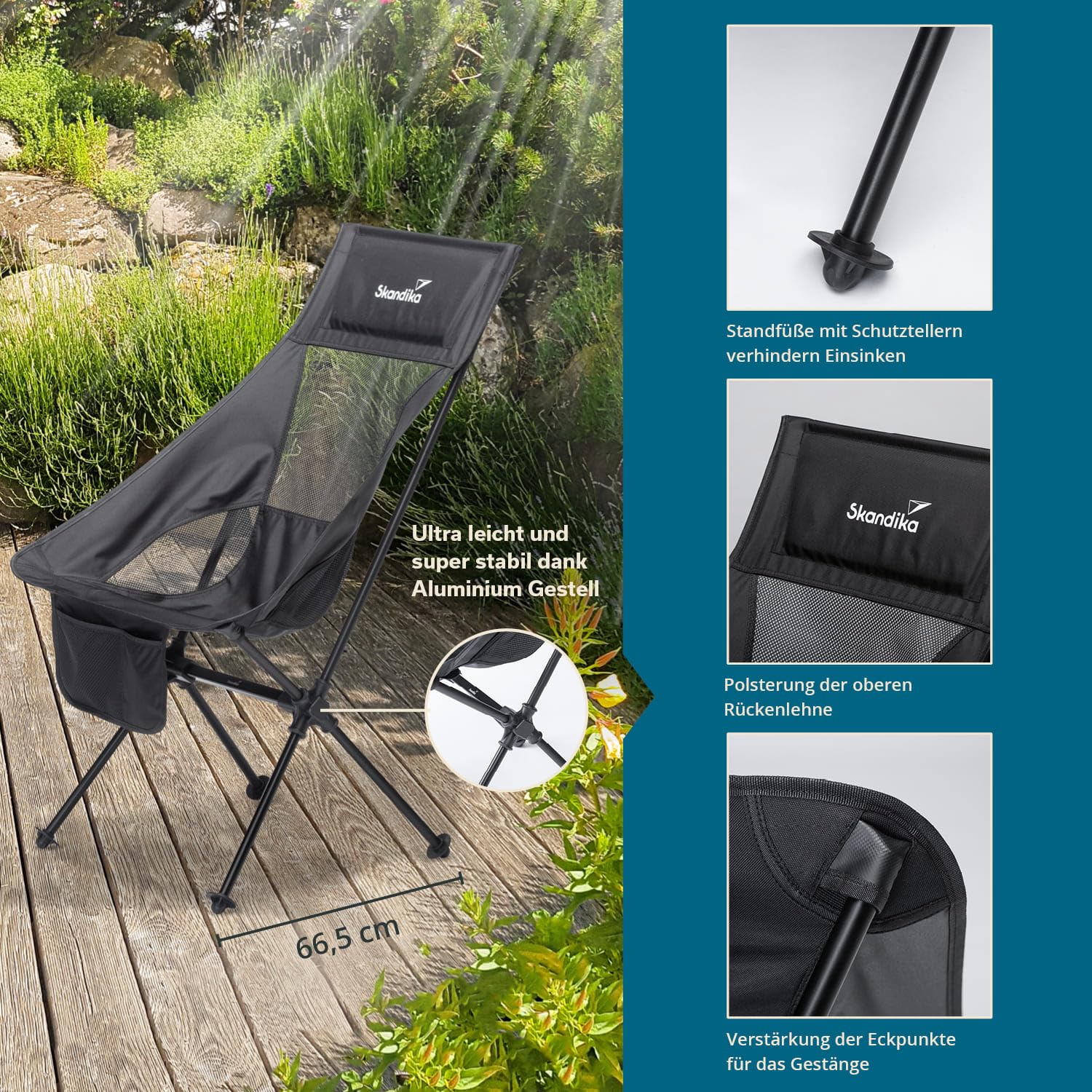 Skandika Compact Sedia da campeggio fino a 150 kg di carico | Sedia da pesca, piccola, pieghevole, stabile, leggera, imbottita (nero)