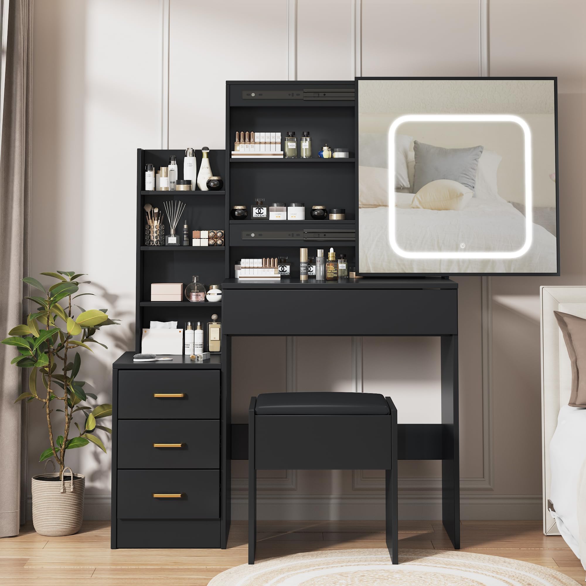 Vanity Desk with Sliding LED Mirror, Makeup Dressing Table with 4 Drawers, Storage Shelves, Power Outlet & Cushioned Stool, Adjustable 3 Lighting Modes, Modern Makeup Vanity Set for Bedroom, Black