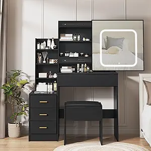 Vanity Desk with Sliding Mirror and Lights, Makeup Vanity Set with 4 Drawers, Stool, Power Outlet, Open Shelves, 3 Color Adjustable Lighting Modes, Makeup Dressing Table for Bedroom, Black