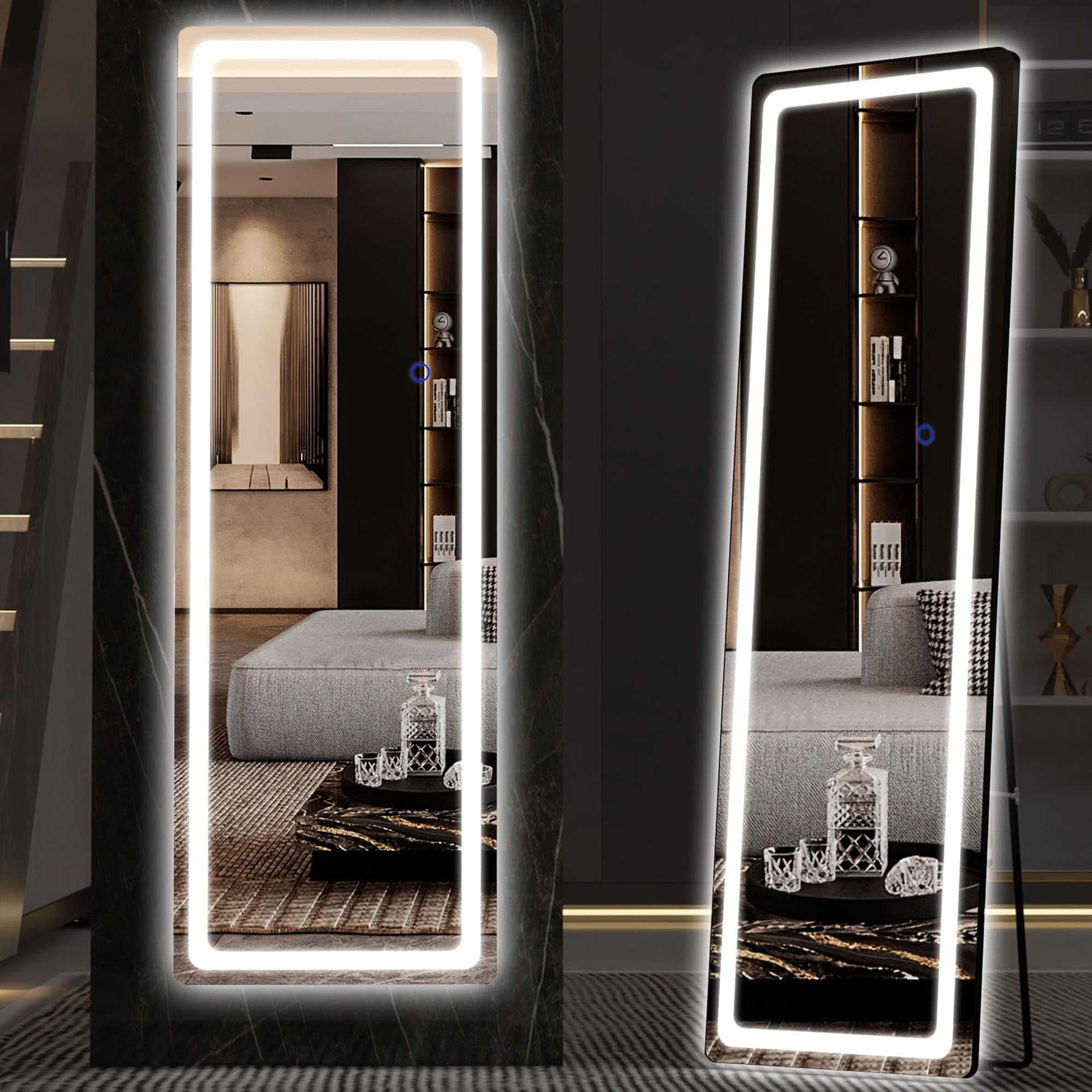 Hasipu Full Length Mirror with Lights, 56" x 16" LED Floor, Full Body Dressing Standing, Hanging Mounted Mirror, Round Black