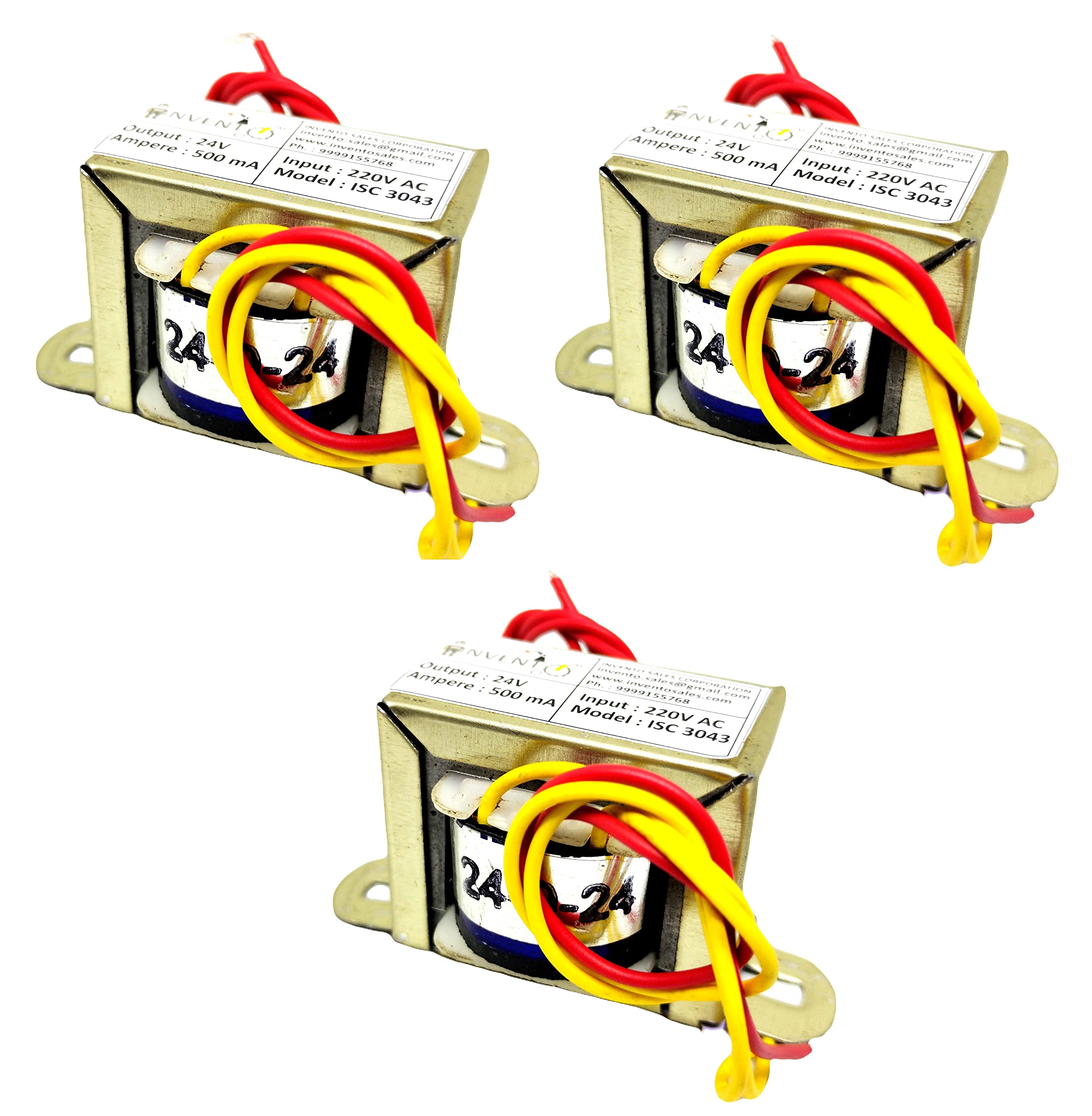 INVENTO 3Pcs 24V 0.5A 500mA 24-0-24 Transformer Copper Winding 220V AC to 24V AC Step Down Power Supply For DIY Projects