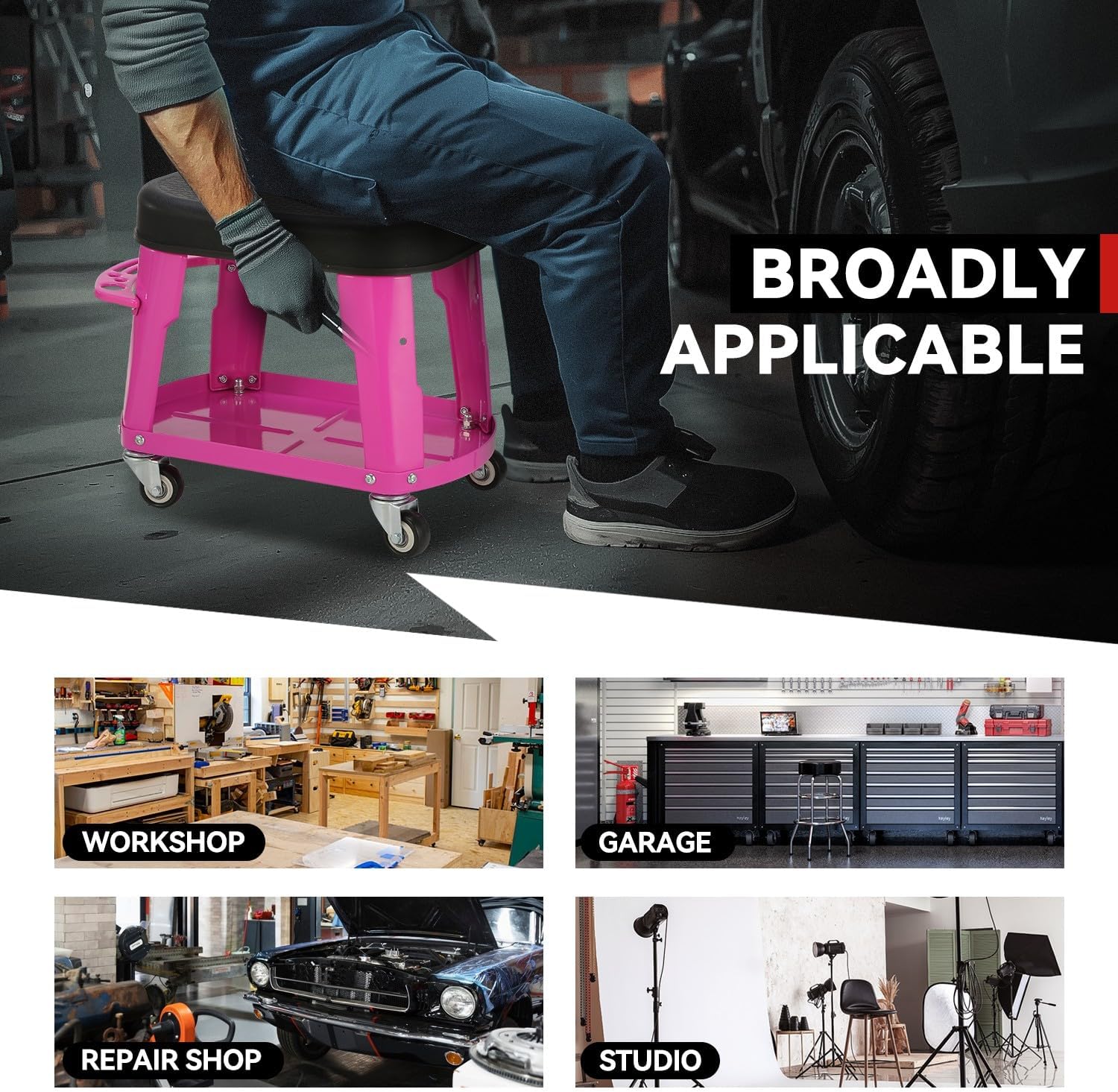 Auto Dynasty Mechanic Roller Stool, 300 LBS Capacity Rolling Creeper Garage Shop Seat with Tool Tray, Heavy Duty Mechanic Roll Repair Chair for Workshop Household Home Warehouse Office, Purple